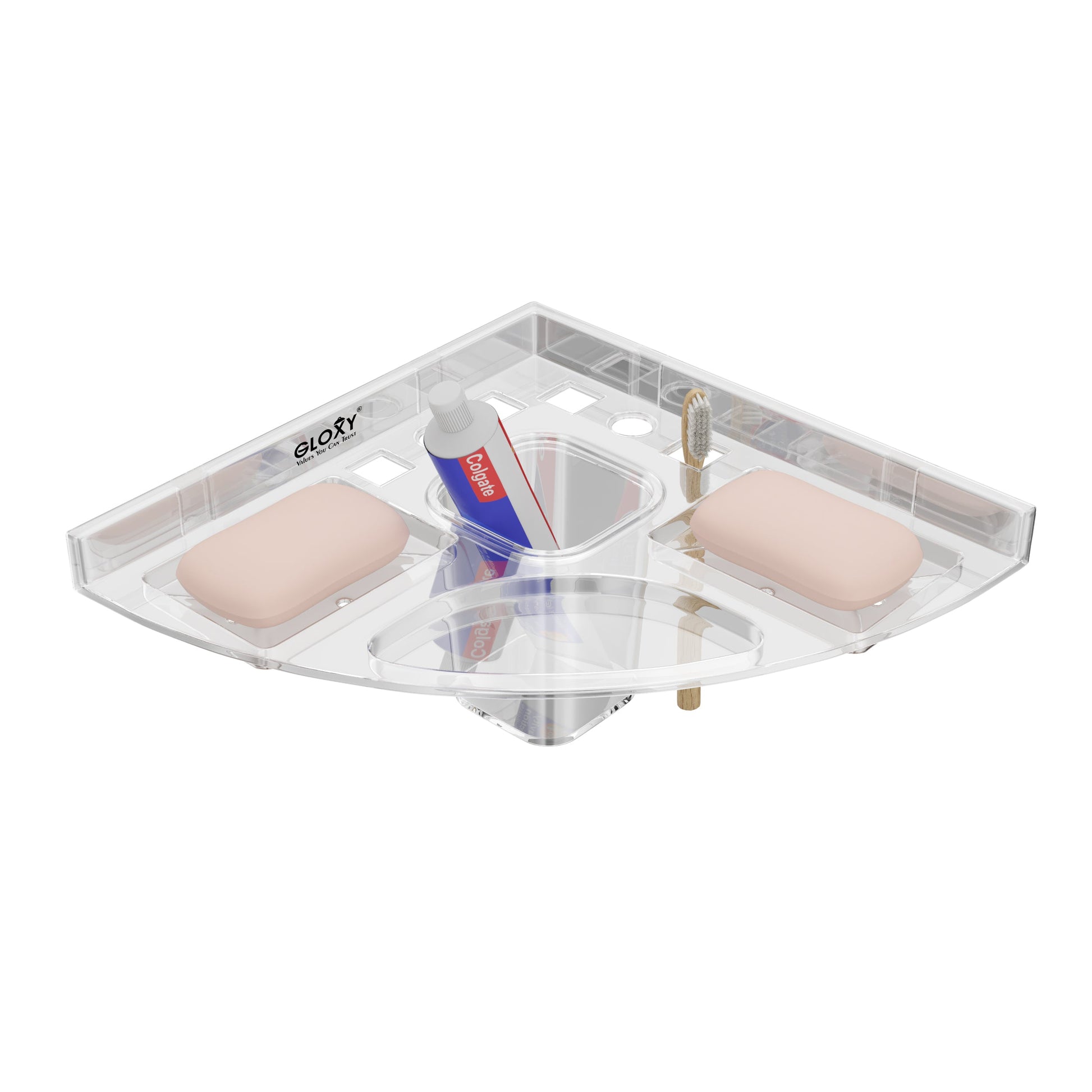 Unbreakable Transparent Wall Mount Acrylic Corner Double Soap Dish with Toothbrush & Tumbler Holder
