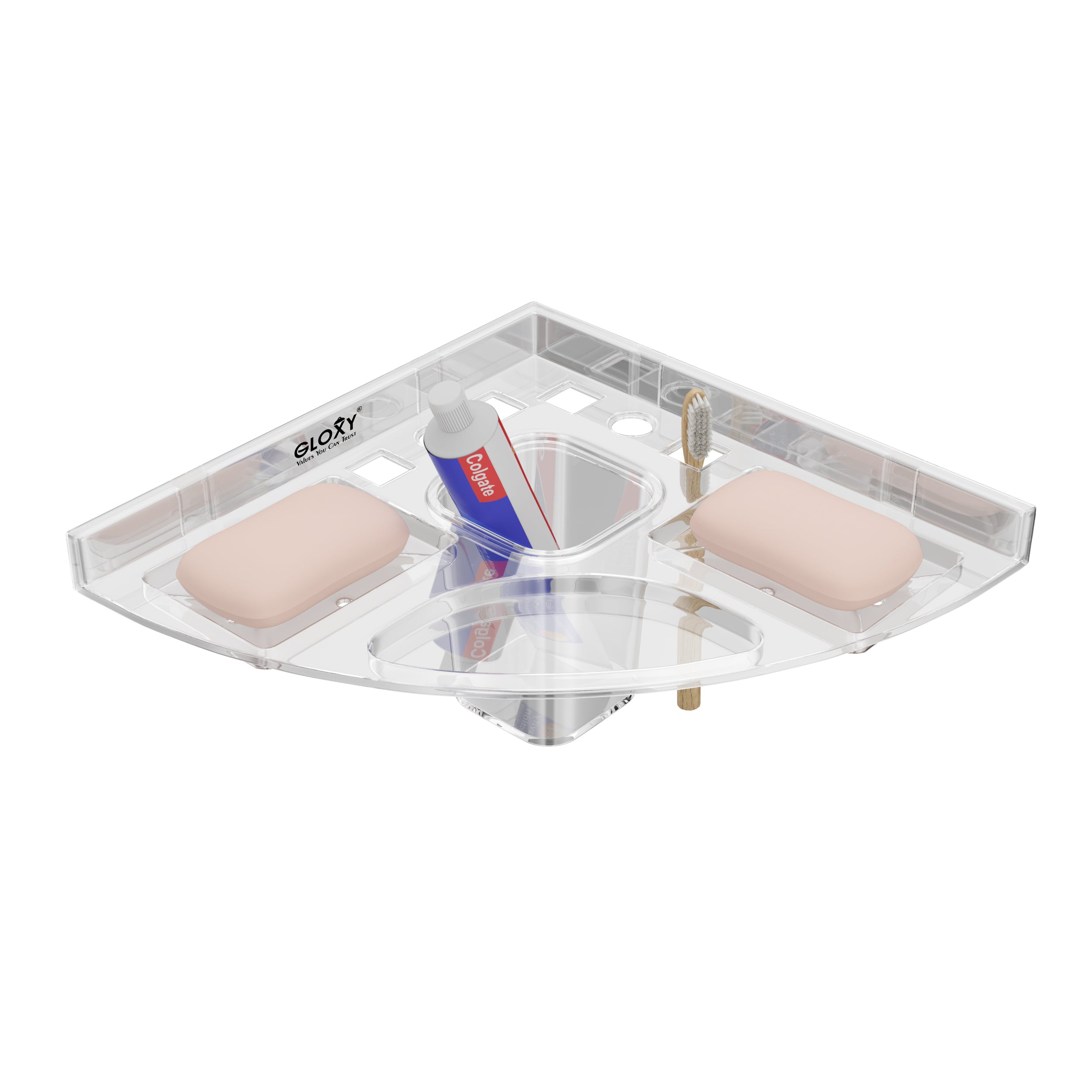 Unbreakable Transparent Wall Mount Acrylic Corner Double Soap Dish with Toothbrush & Tumbler Holder