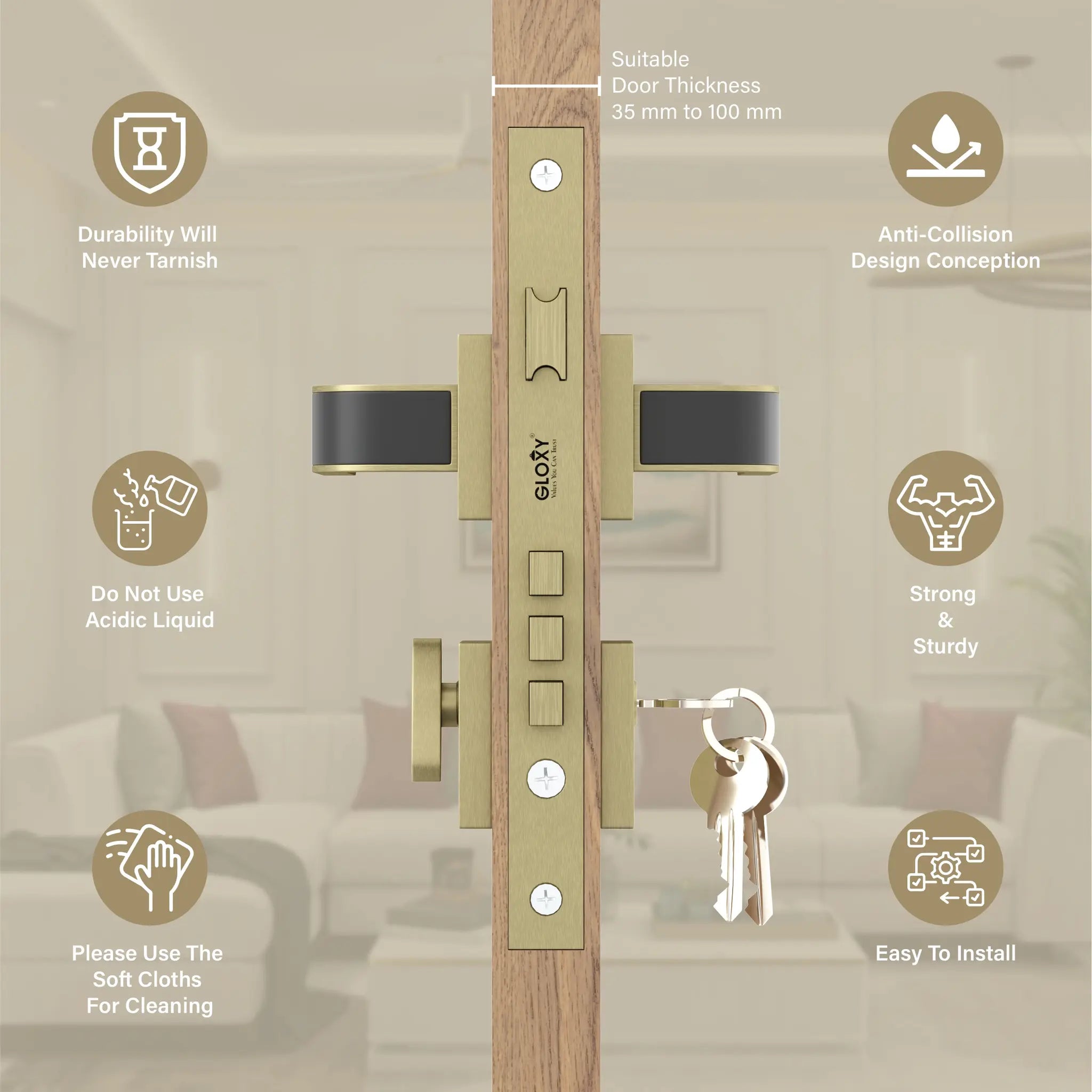 Gloxy Dorik Series Antique Finish Mortise Main Door Key Lock With Handle