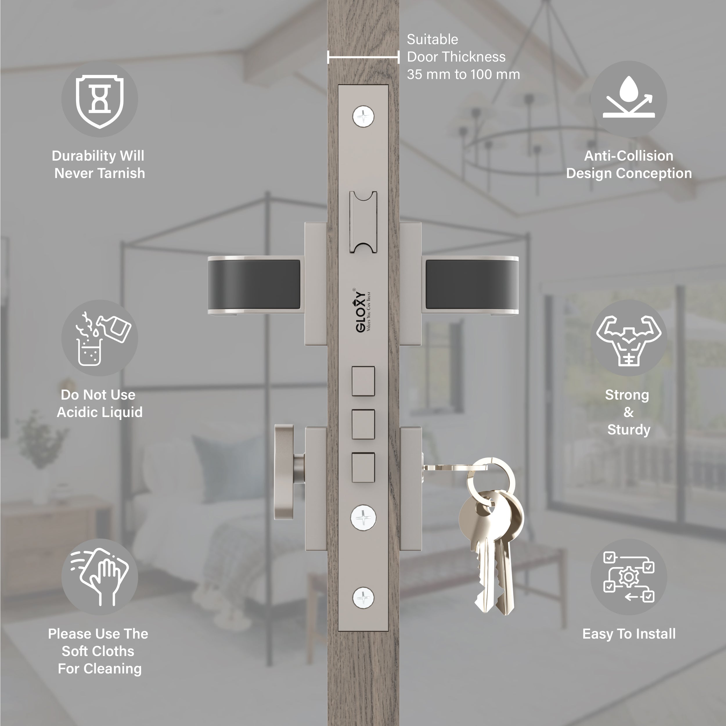 Mortise Door Handles Main Door Lock Handles Set with 3 Keys for Safety of Home | Bedroom, Office, Hotel, Home(Satin Chrome)-by GLOXY®