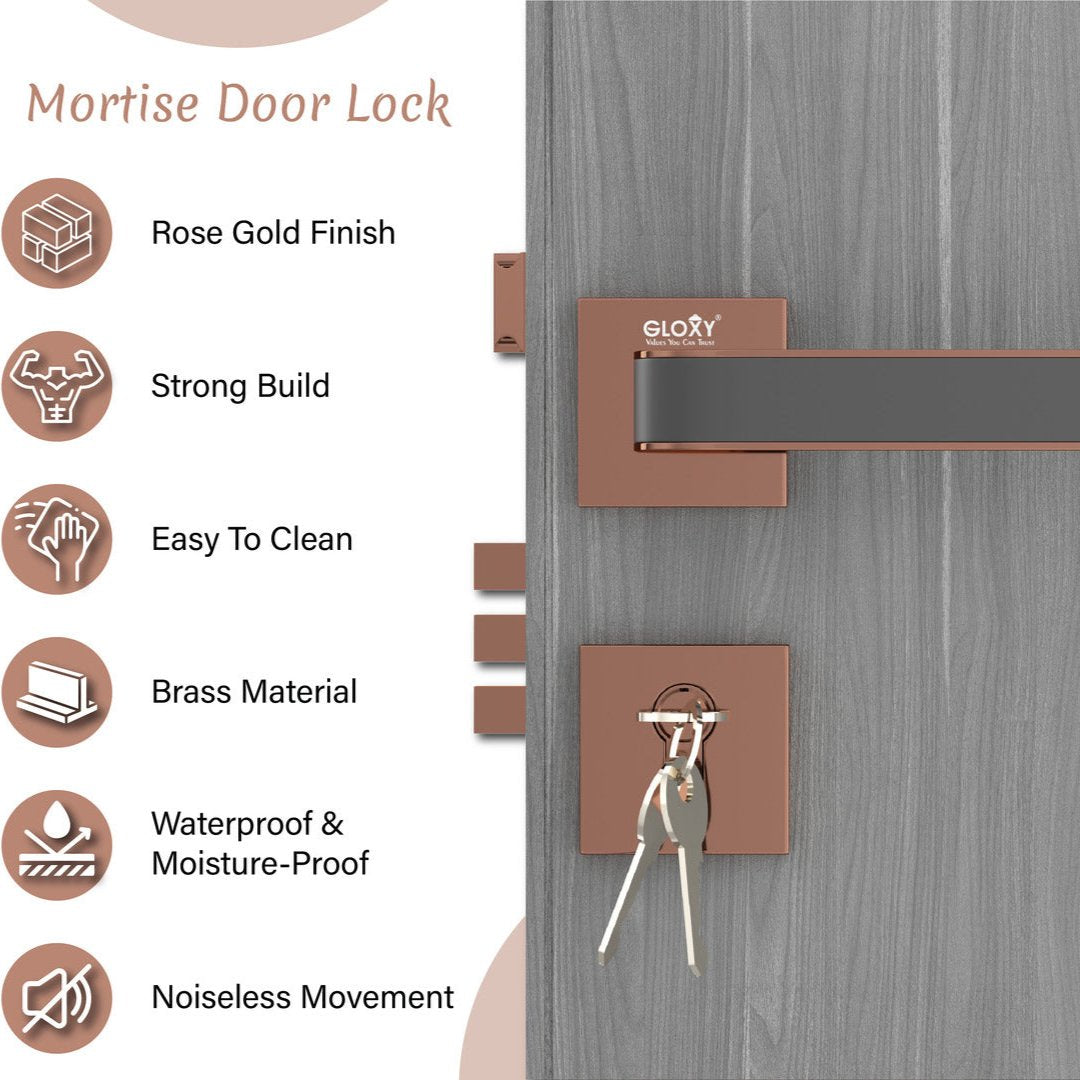 Superior Heavy Duty Mortise Door Locks for Main Door Lock Handles Set Home, Office, Hotel, Bedroom(Rose Gold)-by GLOXY®