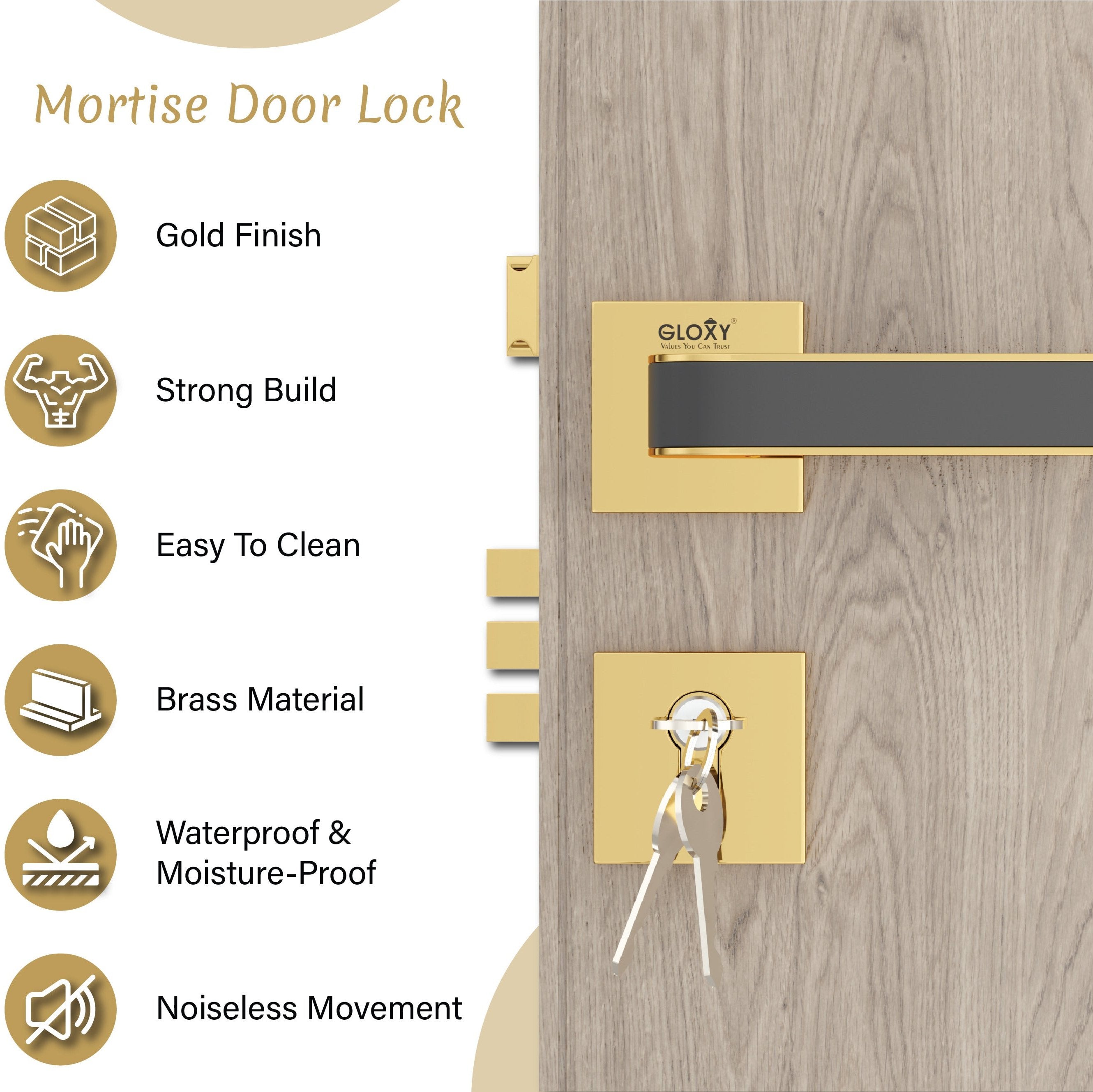 Superior Heavy Duty Mortise Door Locks for Main Door Lock Handles Set Home, Office, Hotel, Bedroom(Gold)-by GLOXY®