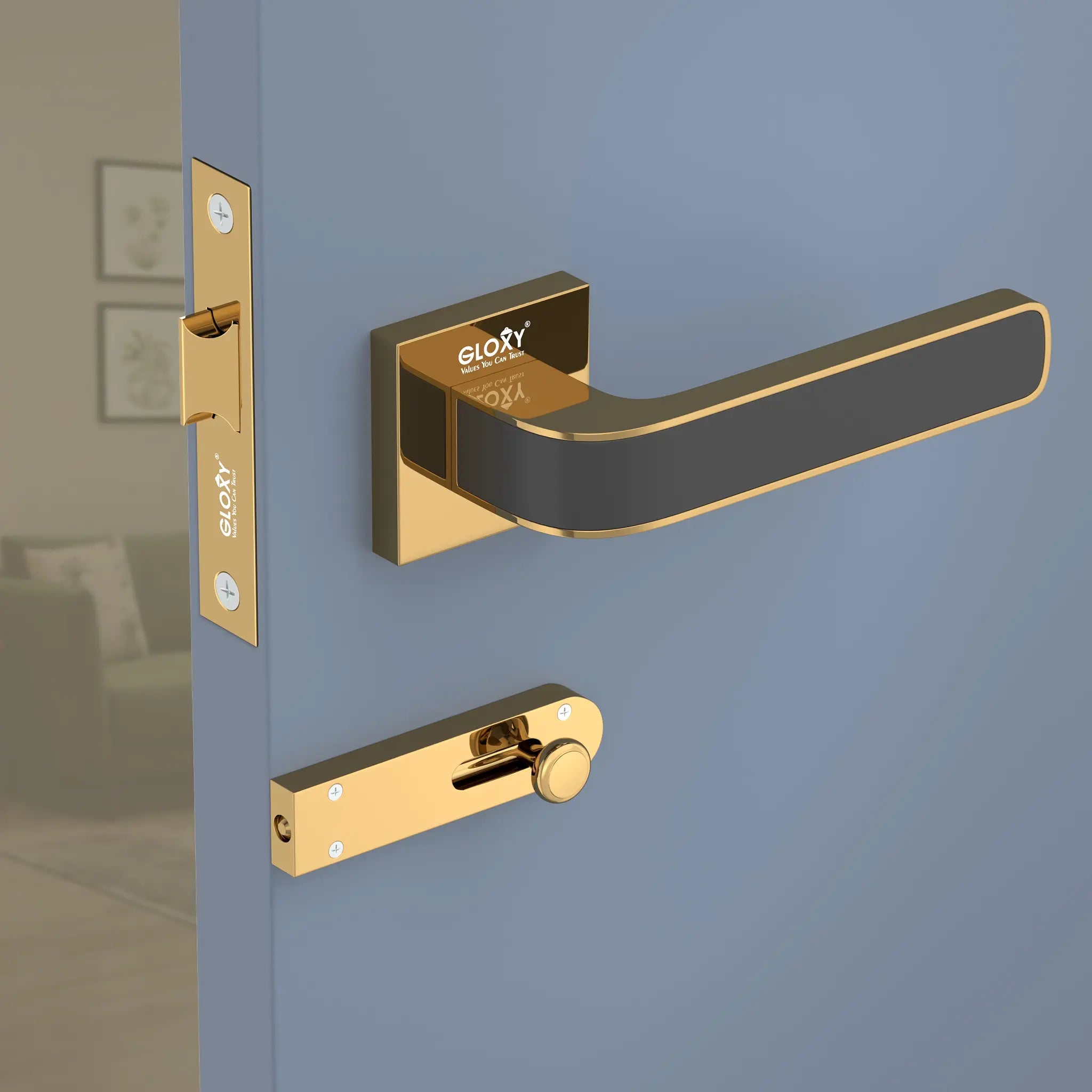 Gloxy Dorik Series Gold  Finish Mortise Bathroom Door Latch Lock With Handle