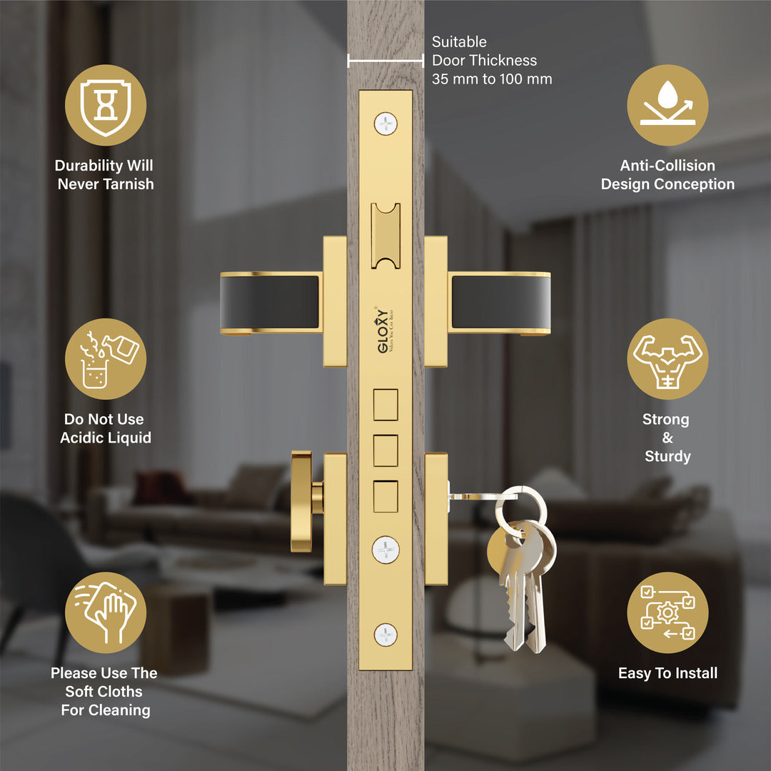 Superior Heavy Duty Mortise Door Locks for Main Door Lock Handles Set Home, Office, Hotel, Bedroom(Gold)-by GLOXY®