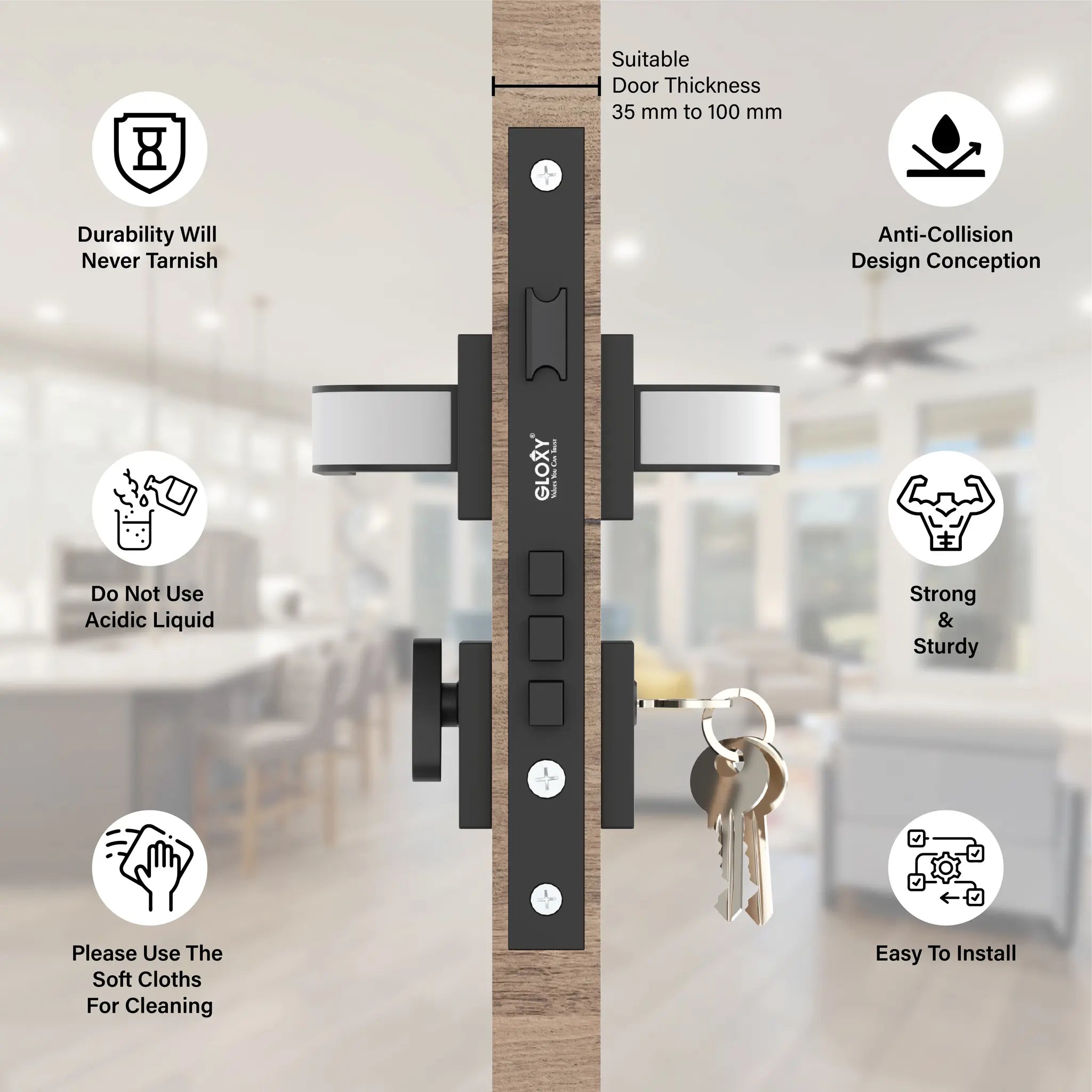 Superior Heavy Duty Mortise Door Locks for Main Door Lock Handles Set Home, Office, Hotel, Bedroom(Black)-by GLOXY®