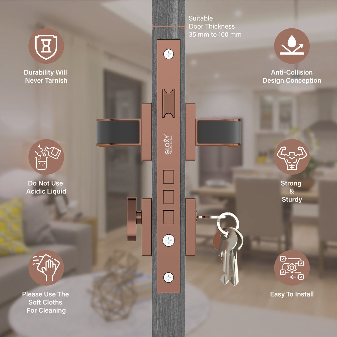 Superior Heavy Duty Mortise Door Locks for Main Door Lock Handles Set Home, Office, Hotel, Bedroom(Rose Gold)-by GLOXY®