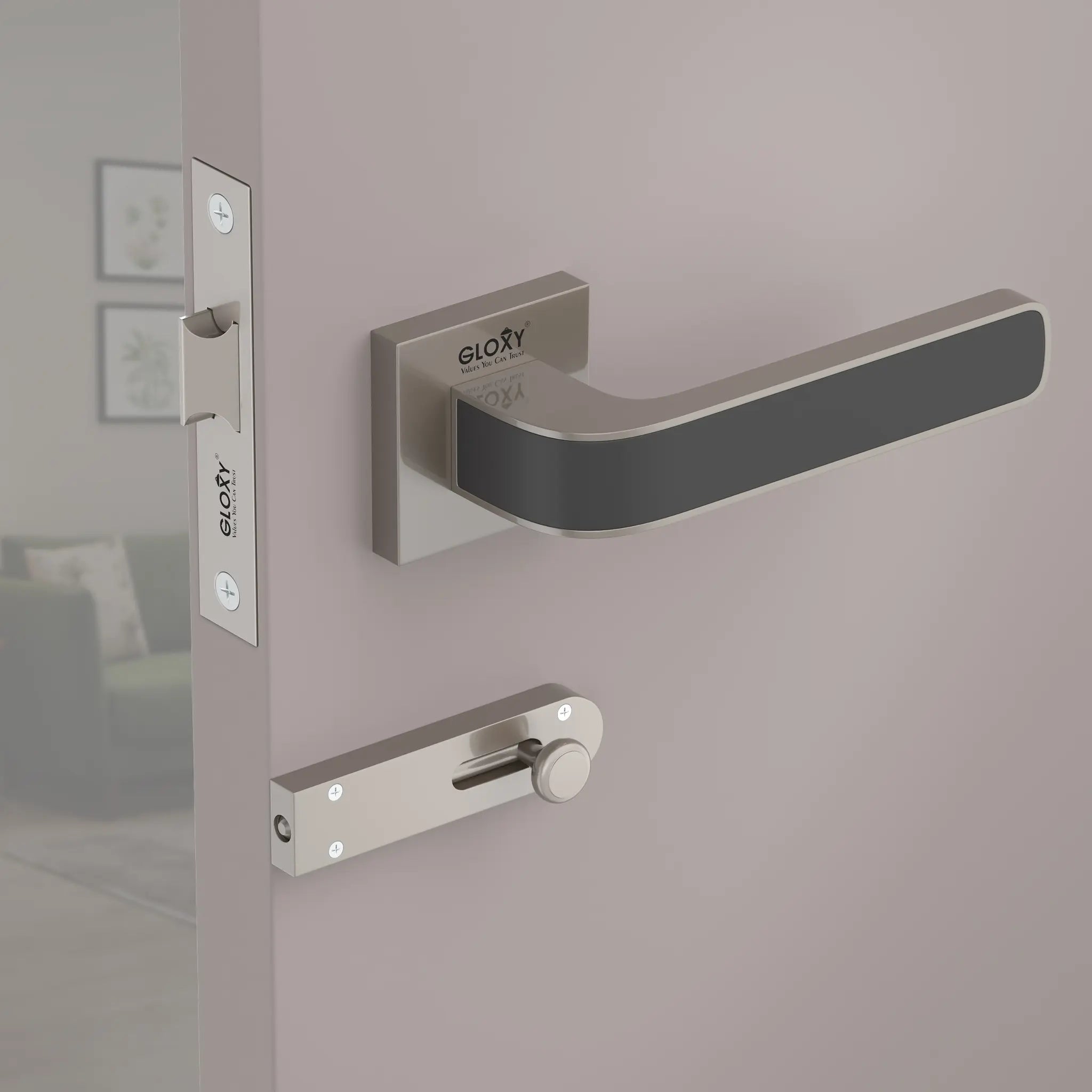 Gloxy Dorik Series Satin Chrome Finish Mortise Bathroom Door Latch Lock With Handle