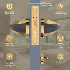 GLOXY Brass Door Lock for Balcony Store Room Door Lock, Mortise Keyless Handle Set with Brass Baby Latch for Home,Office,Hotel | Gold & Black Finish (2 Years Warranty, Pack of 1)