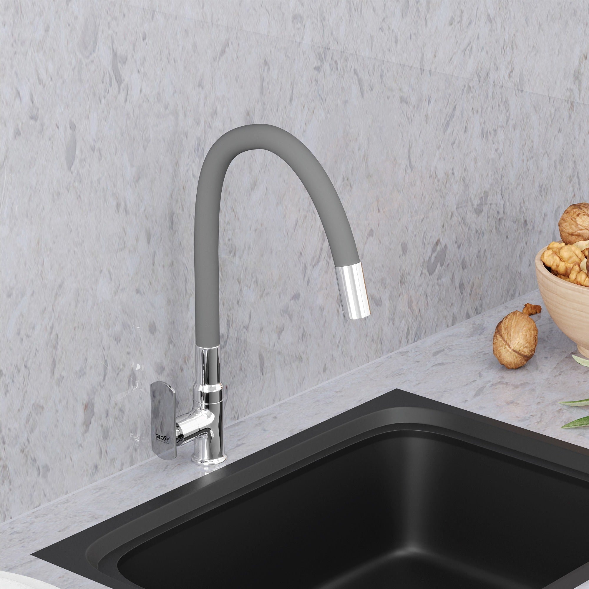 Gloxy Jet+ Series Singel Flow Brass Deck Mount 360° Flexible Swivel Faucet – Grey Finish