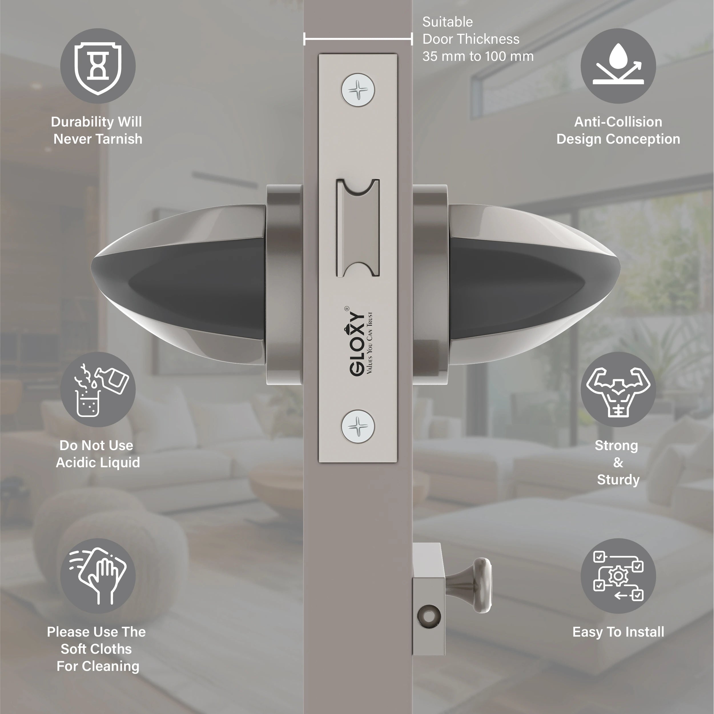 Gloxy Lumax Series Satin Chrome Finish Mortise Bathroom Door Latch Lock With Handle