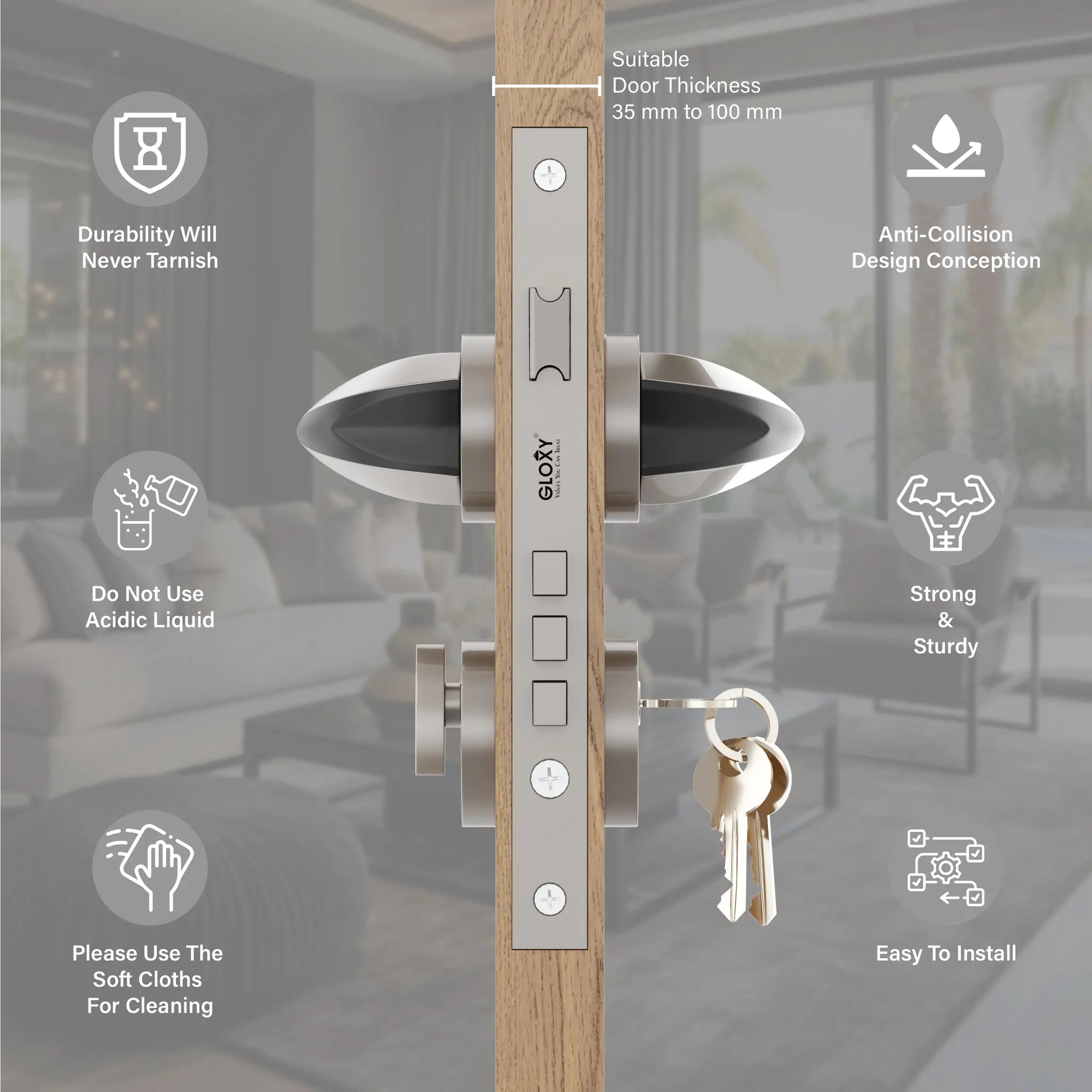 Gloxy Lumax Series Satin Chrome Finish Mortise Main Door Key Lock With Handle