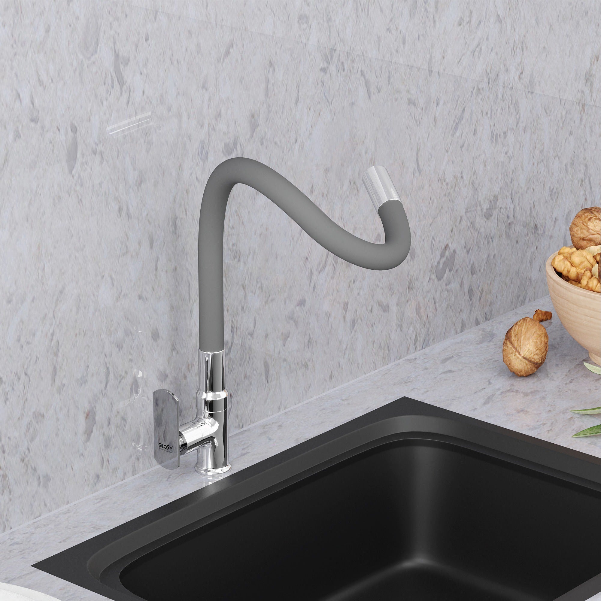 Gloxy Jet+ Series Singel Flow Brass Deck Mount 360° Flexible Swivel Faucet – Grey Finish
