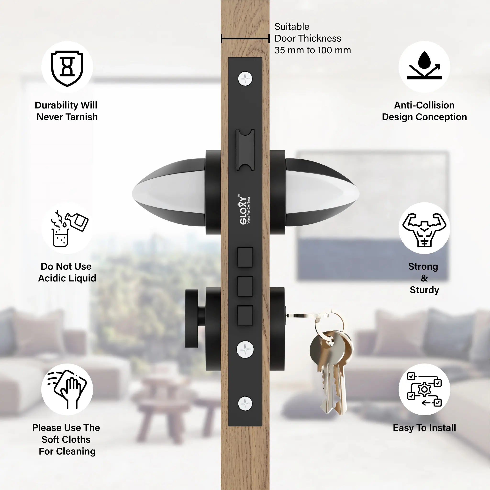 Gloxy Lumax Series Black Finish Mortise Main Door Key Lock With Handle