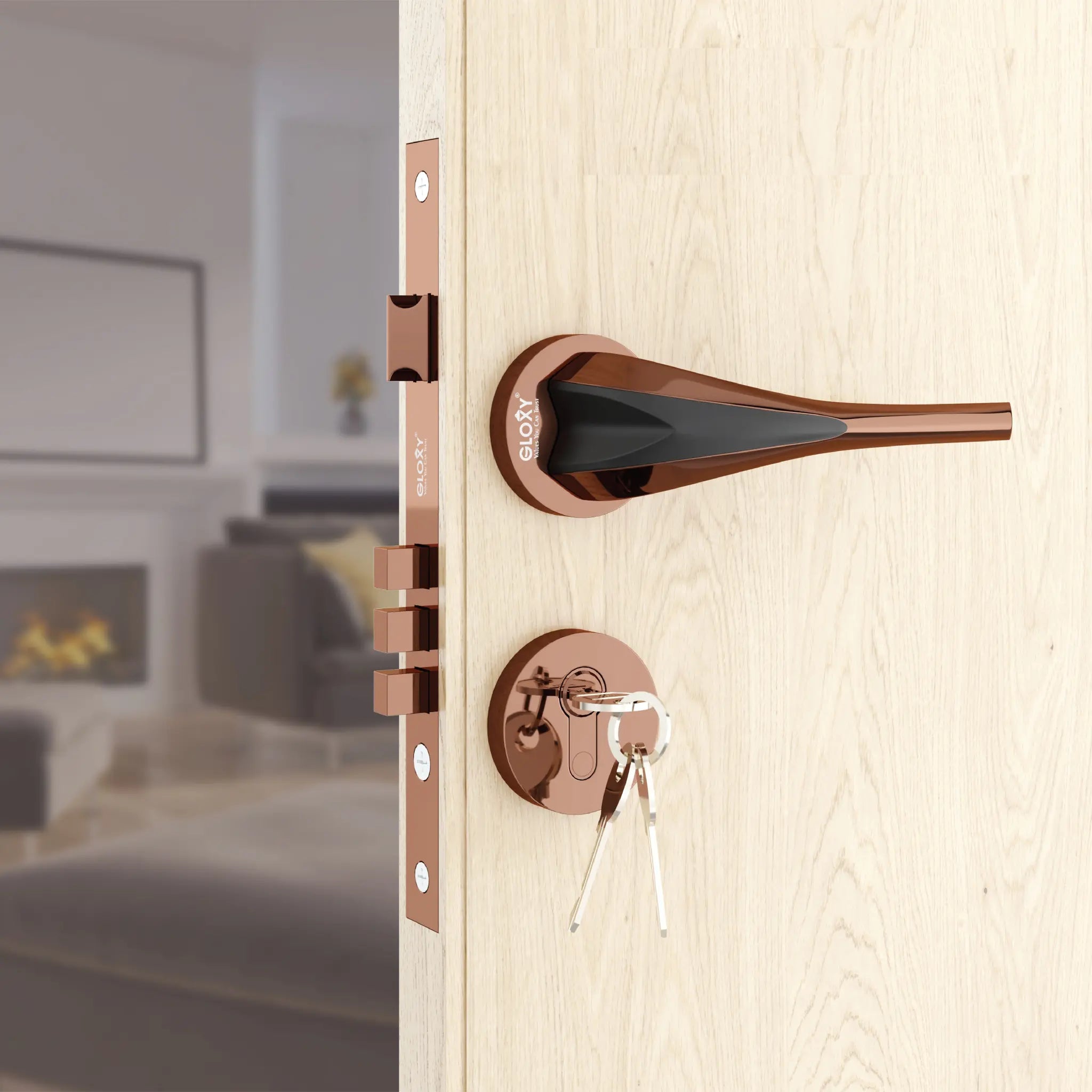 Gloxy Lumax Series Rose Gold Finish Mortise Main Door Key Lock With Handle