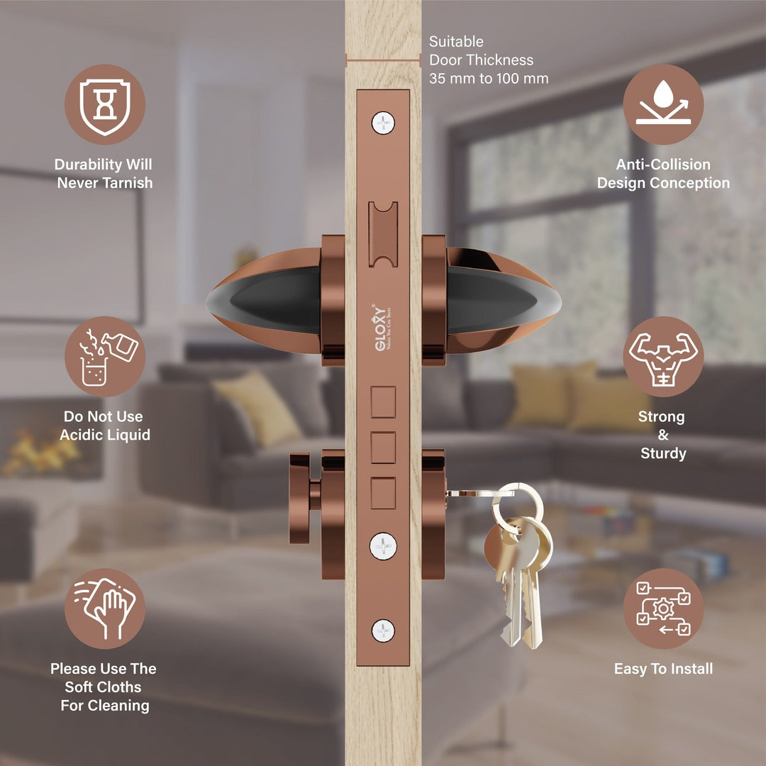 Heavy Duty Mortise Door Locks for Main Door Lock Handles Set Balcony and Storeroom, Bathroom(Rose Gold)-by GLOXY®