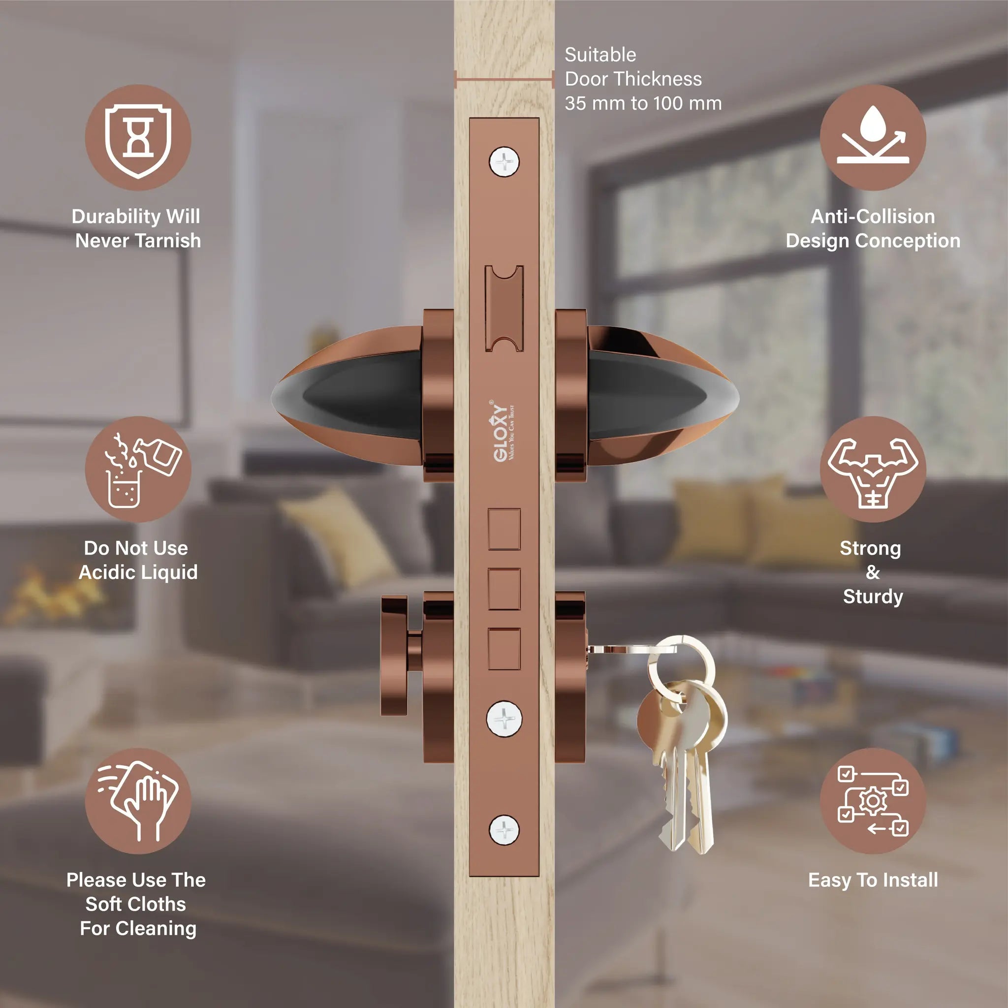 Heavy Duty Mortise Door Locks for Main Door Lock Handles Set Balcony and Storeroom, Bathroom(Rose Gold)-by GLOXY®
