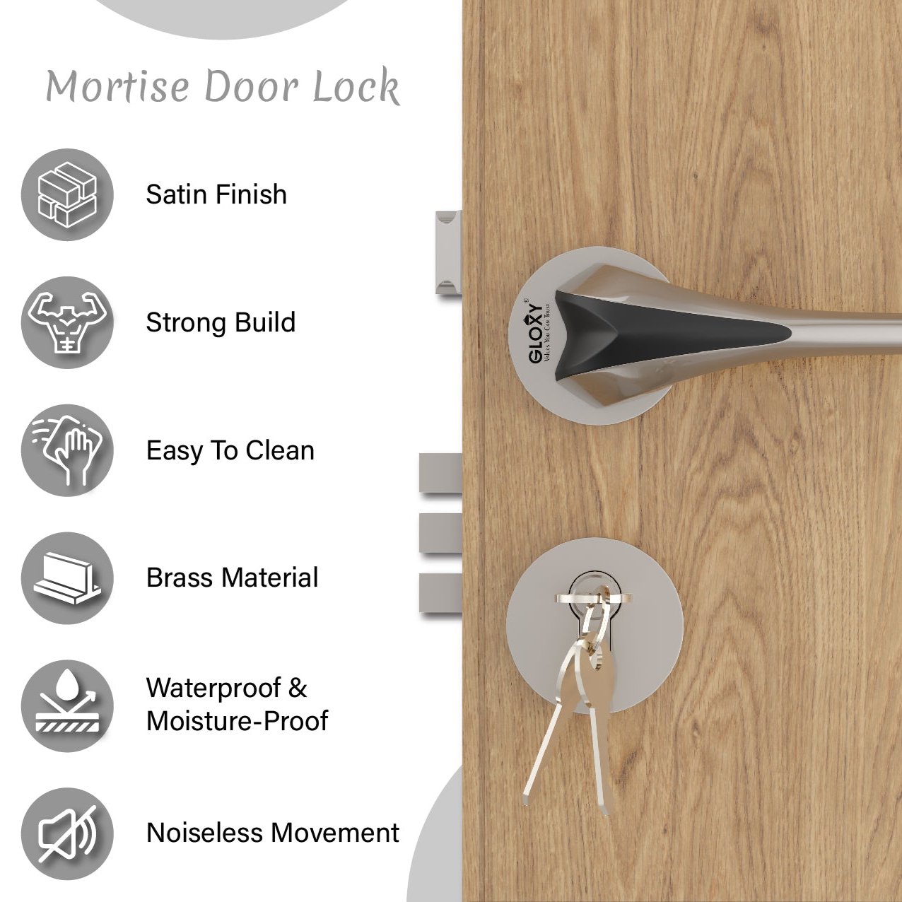 Mortise Door Handles Main Door Lock Handles Set with 3 Keys for Safety of Home | Bedroom, Office, Hotel, Home(Satin Chrome)-by GLOXY®