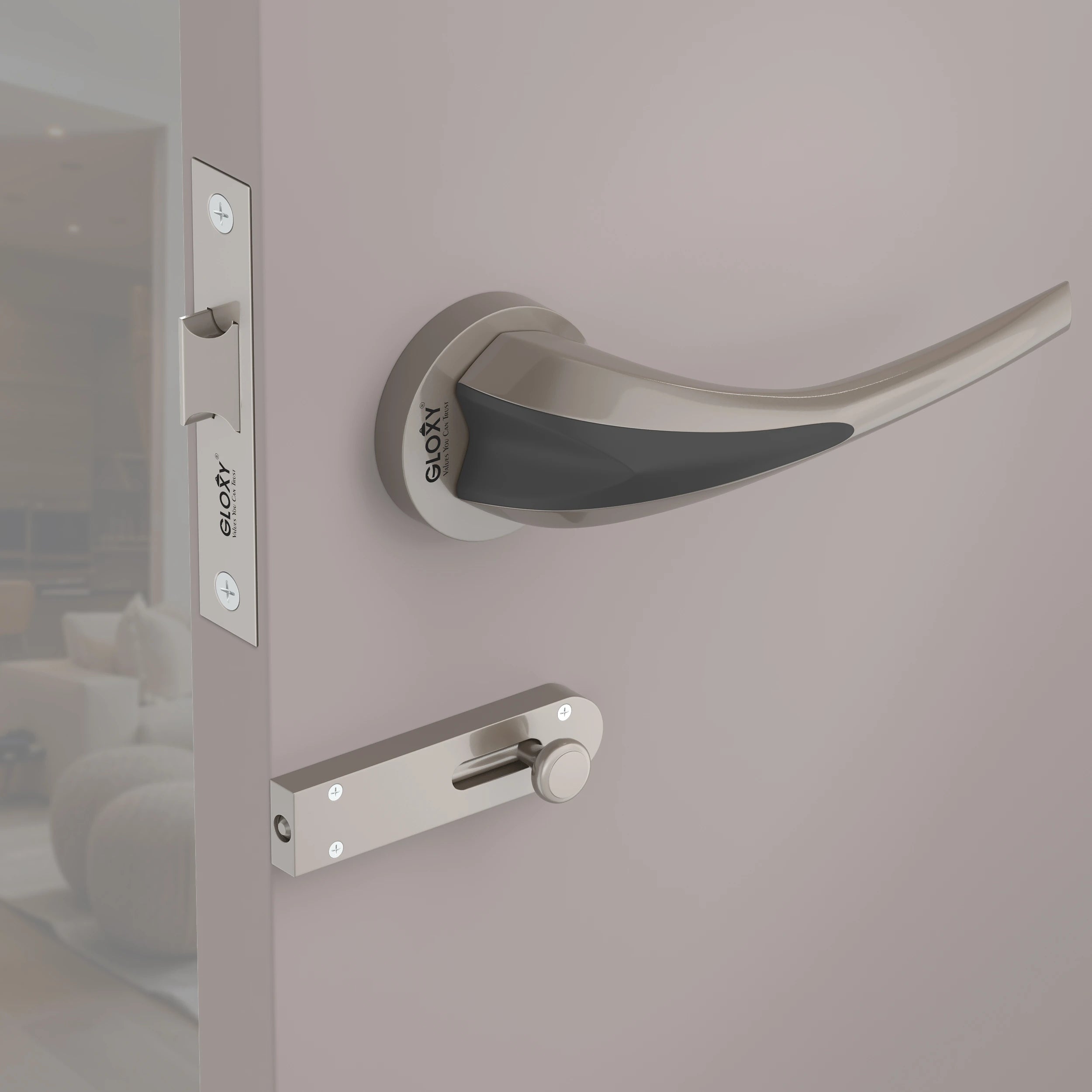 Gloxy Lumax Series Satin Chrome Finish Mortise Bathroom Door Latch Lock With Handle