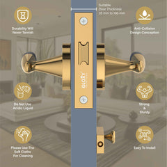 GLOXY Brass Door Lock for Balcony Store Room Door Lock, Mortise Keyless Handle Set with Brass Baby Latch for Home,Office,Hotel | Gold & Black Finish (2 Years Warranty, Pack of 1)