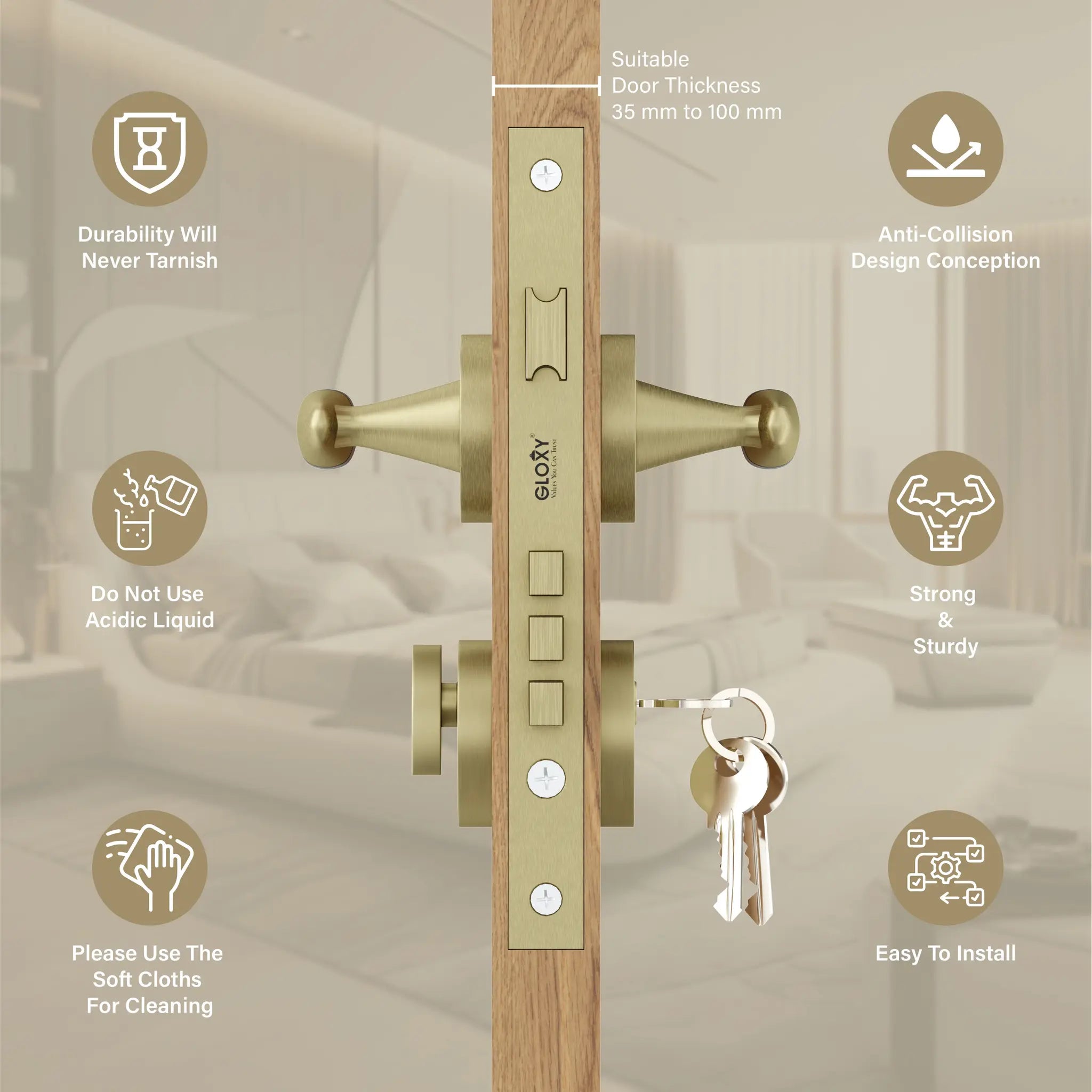 Gloxy Royal Series Antique Finish Mortise Main Door Key Lock With Handle