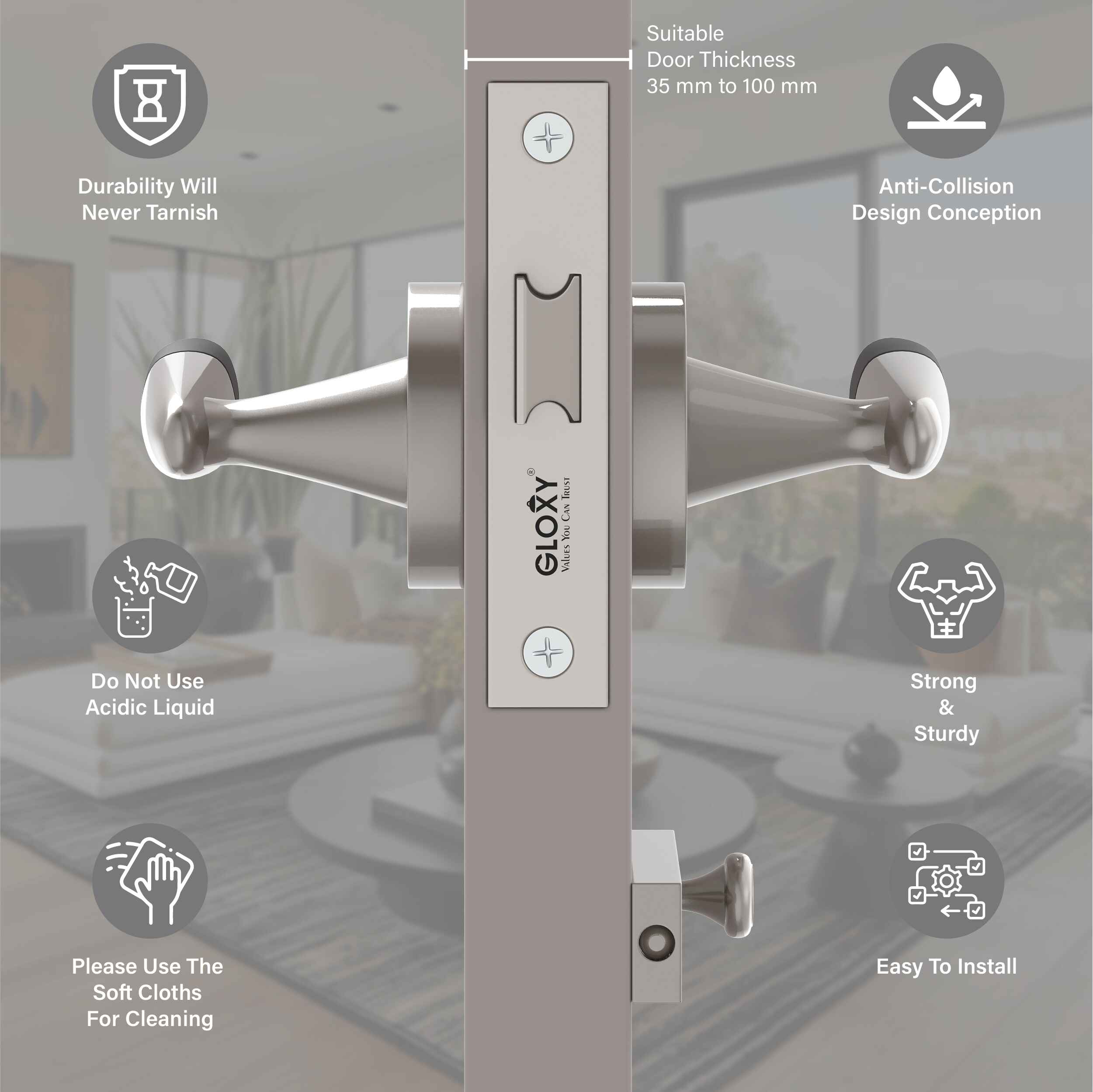 GLOXY Brass Door Lock for Balcony Store Room Door Lock, Mortise Keyless Handle Set with Brass Baby Latch for Home,Office,Hotel | Satin & Black Finish (2 Years Warranty, Pack of 1)