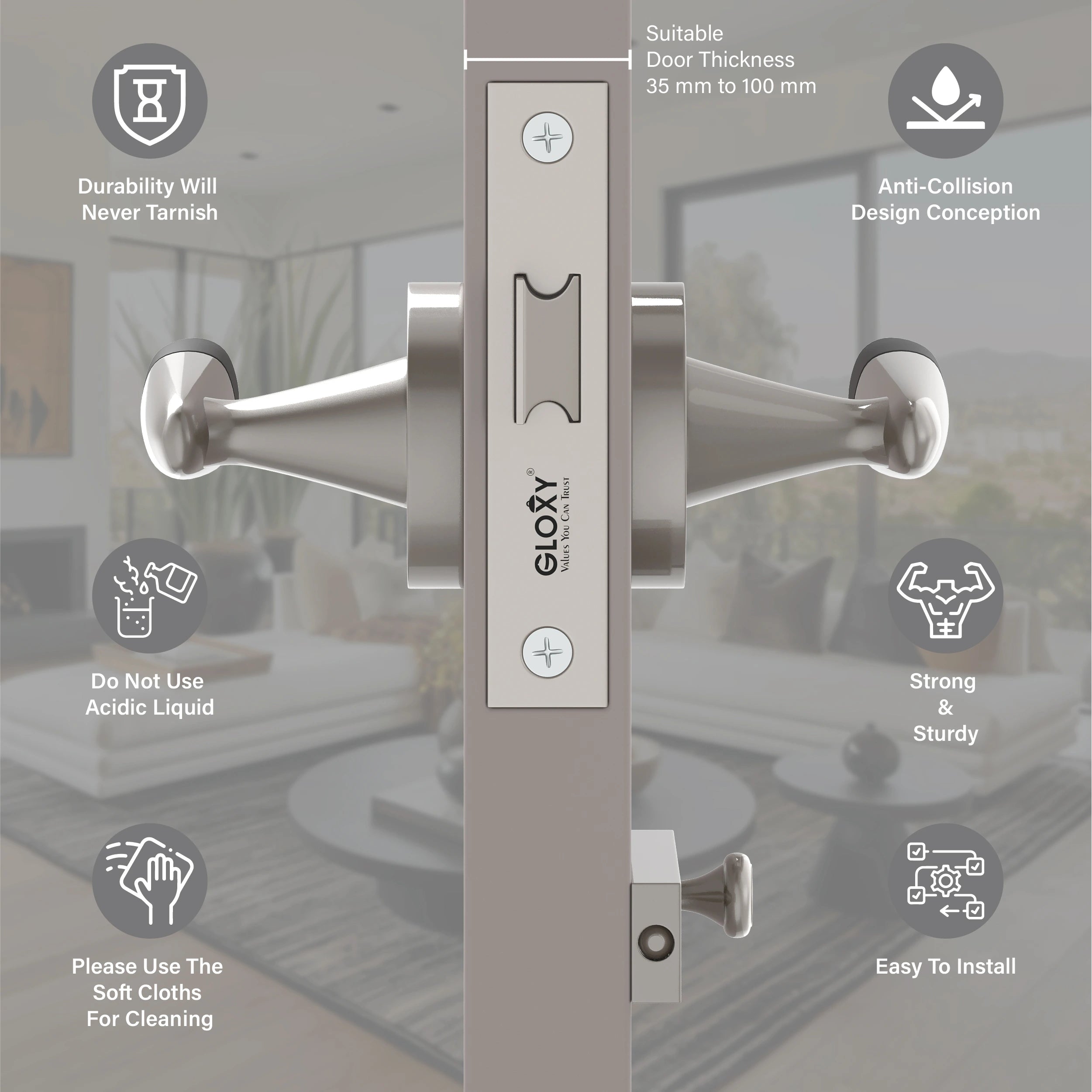 GLOXY Brass Door Lock for Balcony Store Room Door Lock, Mortise Keyless Handle Set with Brass Baby Latch for Home,Office,Hotel | Satin & Black Finish (2 Years Warranty, Pack of 1)