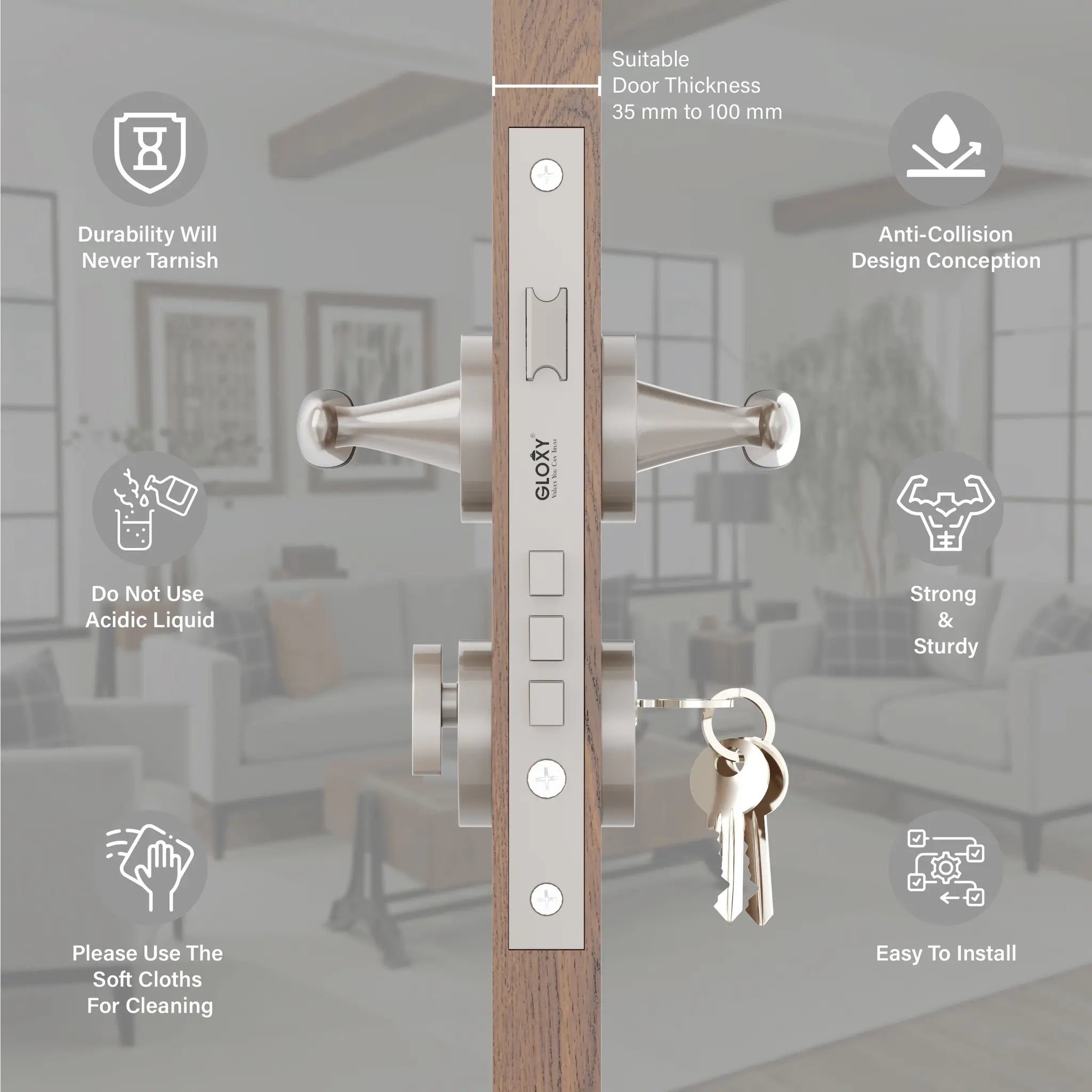 Gloxy Royal Series Satin Chrome Finish Mortise Main Door Key Lock With Handle