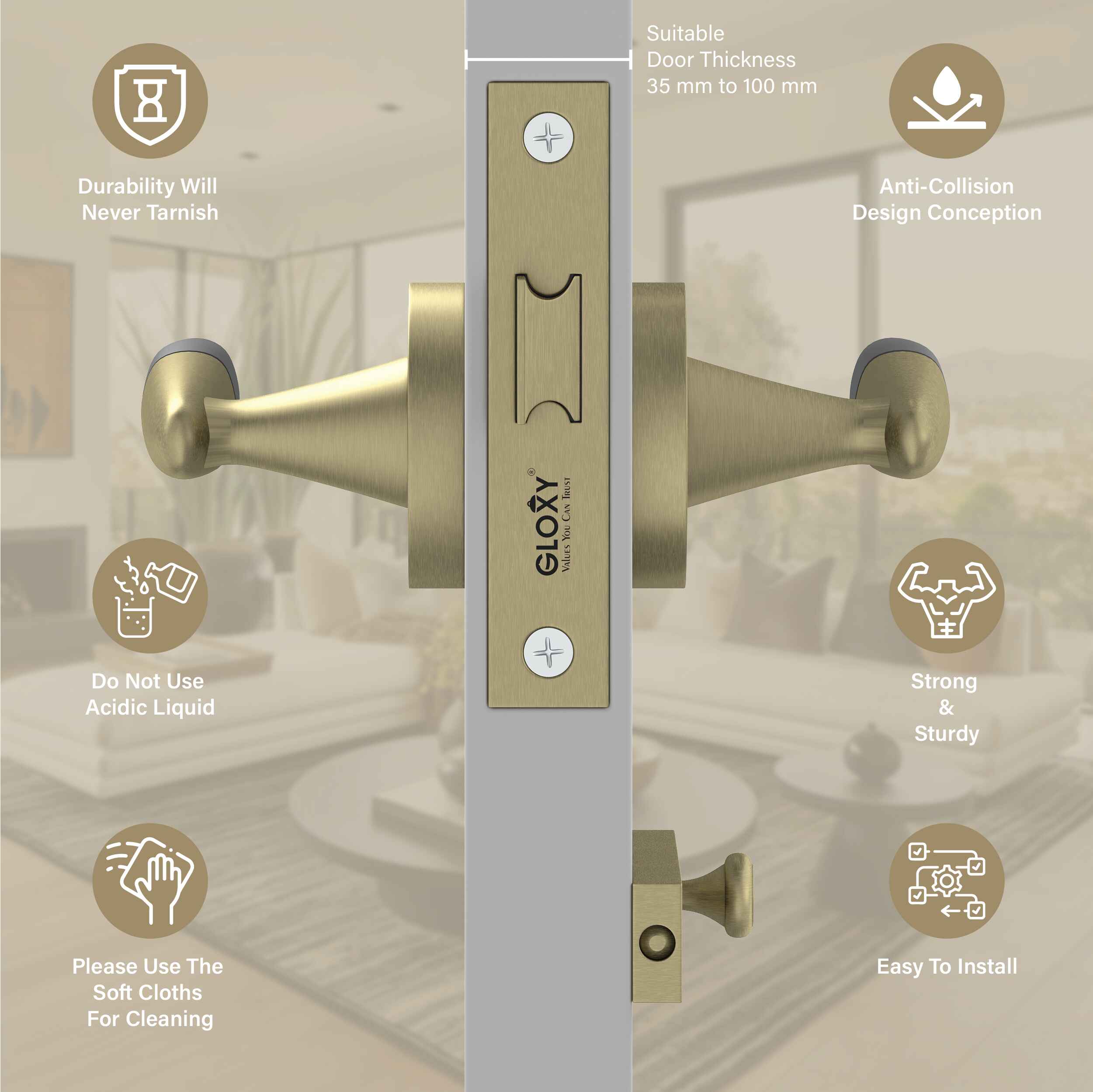 GLOXY Brass Door Lock for Balcony Store Room Door Lock, Mortise Keyless Handle Set with Brass Baby Latch for Home,Office,Hotel | Antique & Black Finish (2 Years Warranty, Pack of 1)