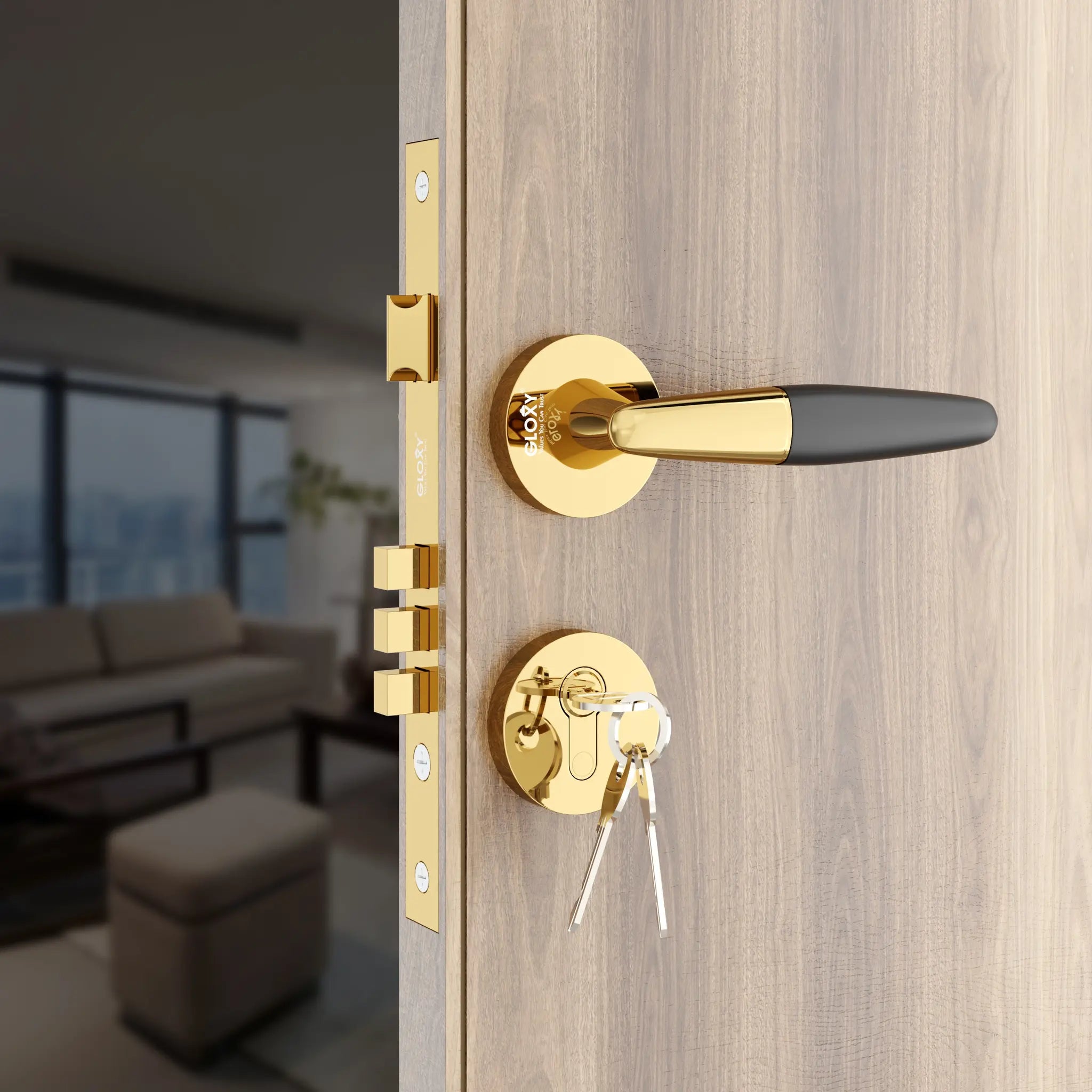 Gloxy Royal Series Gold Finish Mortise Main Door Key Lock With Handle