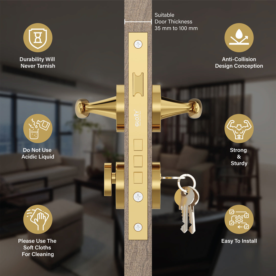 Exclusive Mortise Door Locks for Main Door Lock Handles Set for Home, Bedroom, Hotel, and Office(Gold)-by GLOXY®