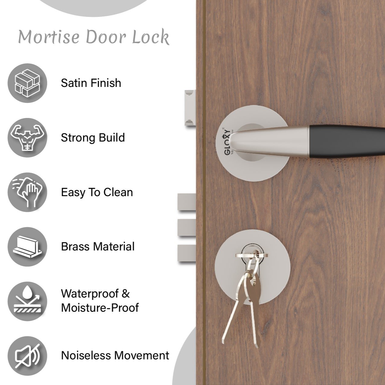 Mortise Door Handles Main Door Lock Handles Set with 3 Keys for Safety of Home | Bedroom, Office, Hotel, Home(Satin Chrome)-by GLOXY®