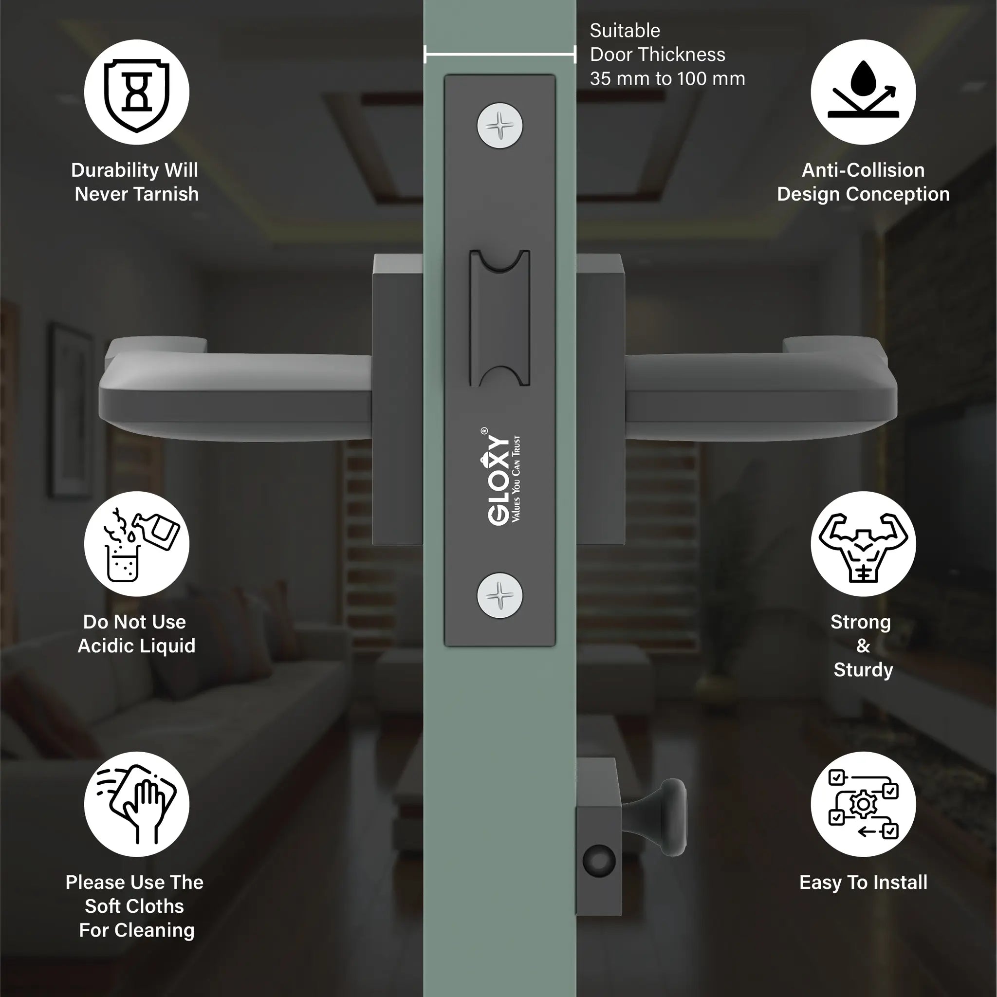 Gloxy Barno Series Black Finish Mortise Bathroom Door Latch Lock With Handle
