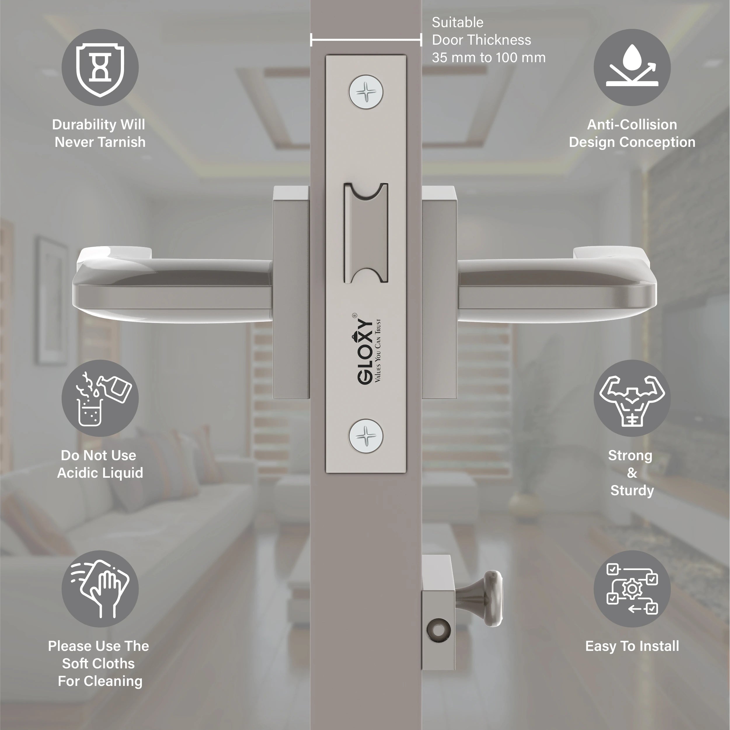 GLOXY Brass Door Lock for Balcony Store Room Door Lock, Mortise Keyless Handle Set with Brass Baby Latch for Home,Office,Hotel | Satin Chrome Finish (2 Years Warranty, Pack of 1)