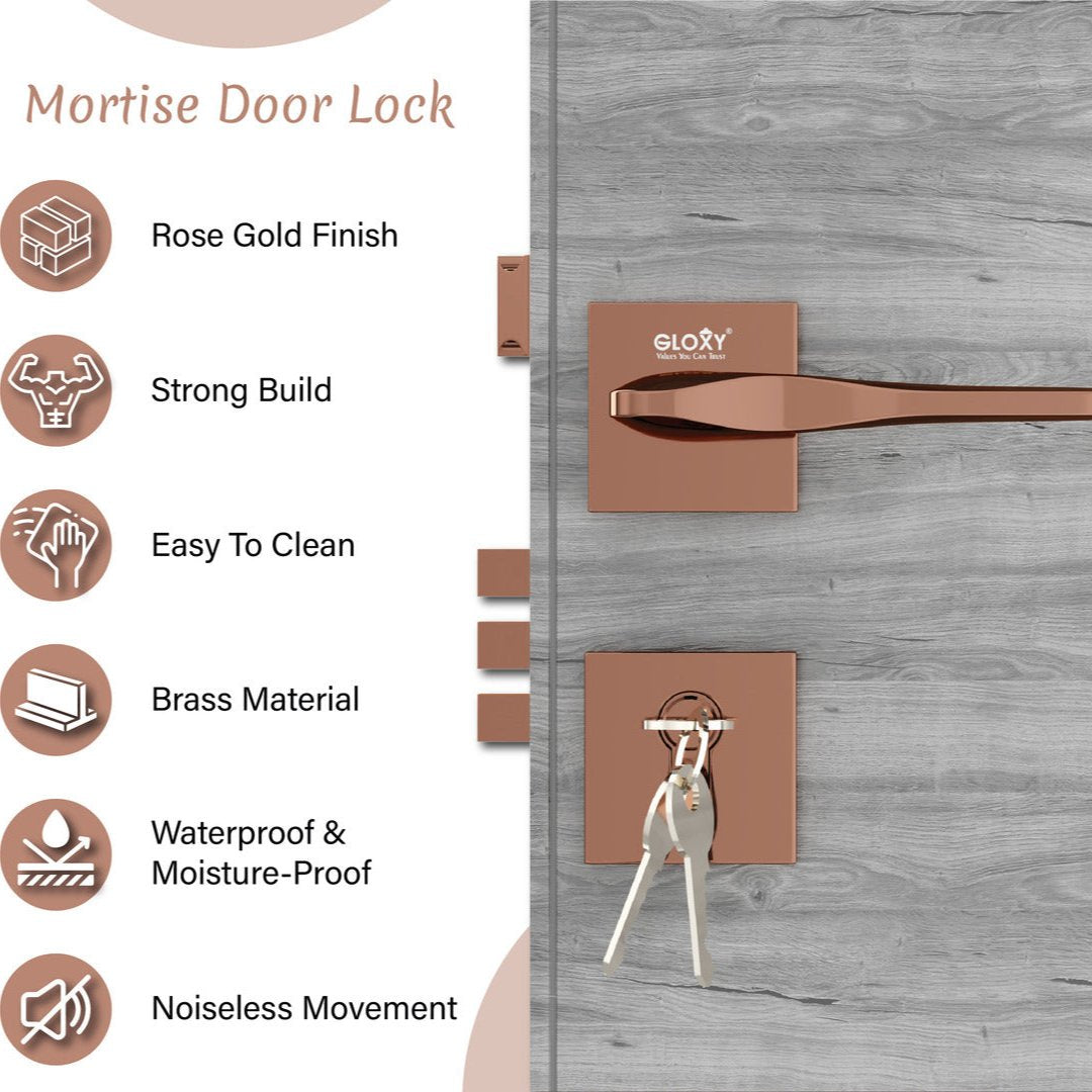 Premium Mortise Door Locks Handle Set with Brass Lock Body for Home, Office, Hotel(Rose Gold) -by GLOXY®