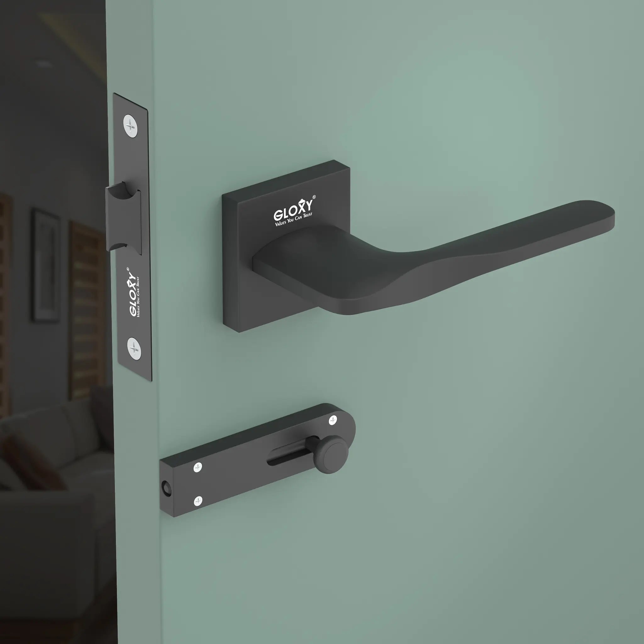 Gloxy Barno Series Black Finish Mortise Bathroom Door Latch Lock With Handle