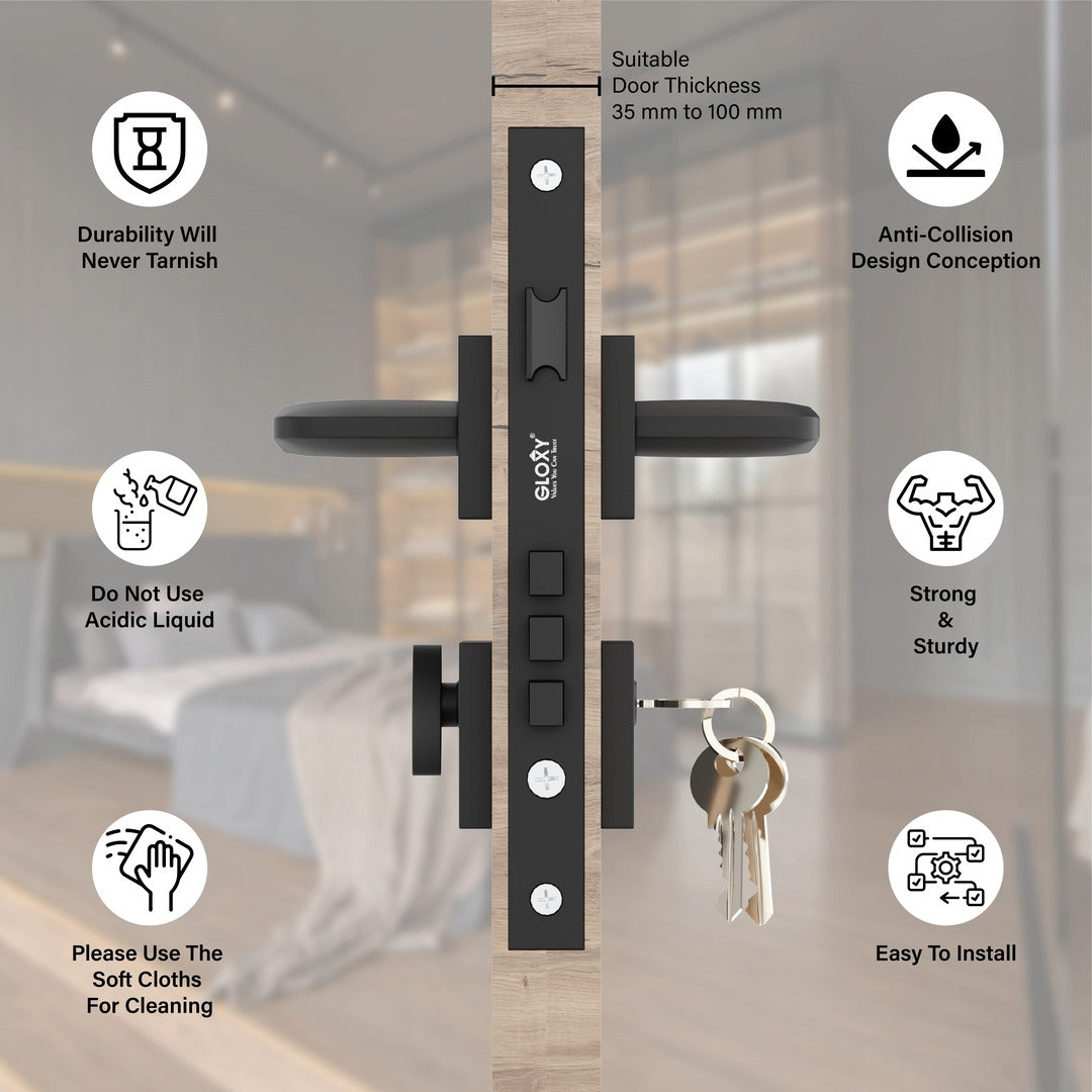 Premium Mortise Door Locks Handle Set with Brass Lock Body for Home, Office, Hotel(Black) -by GLOXY®