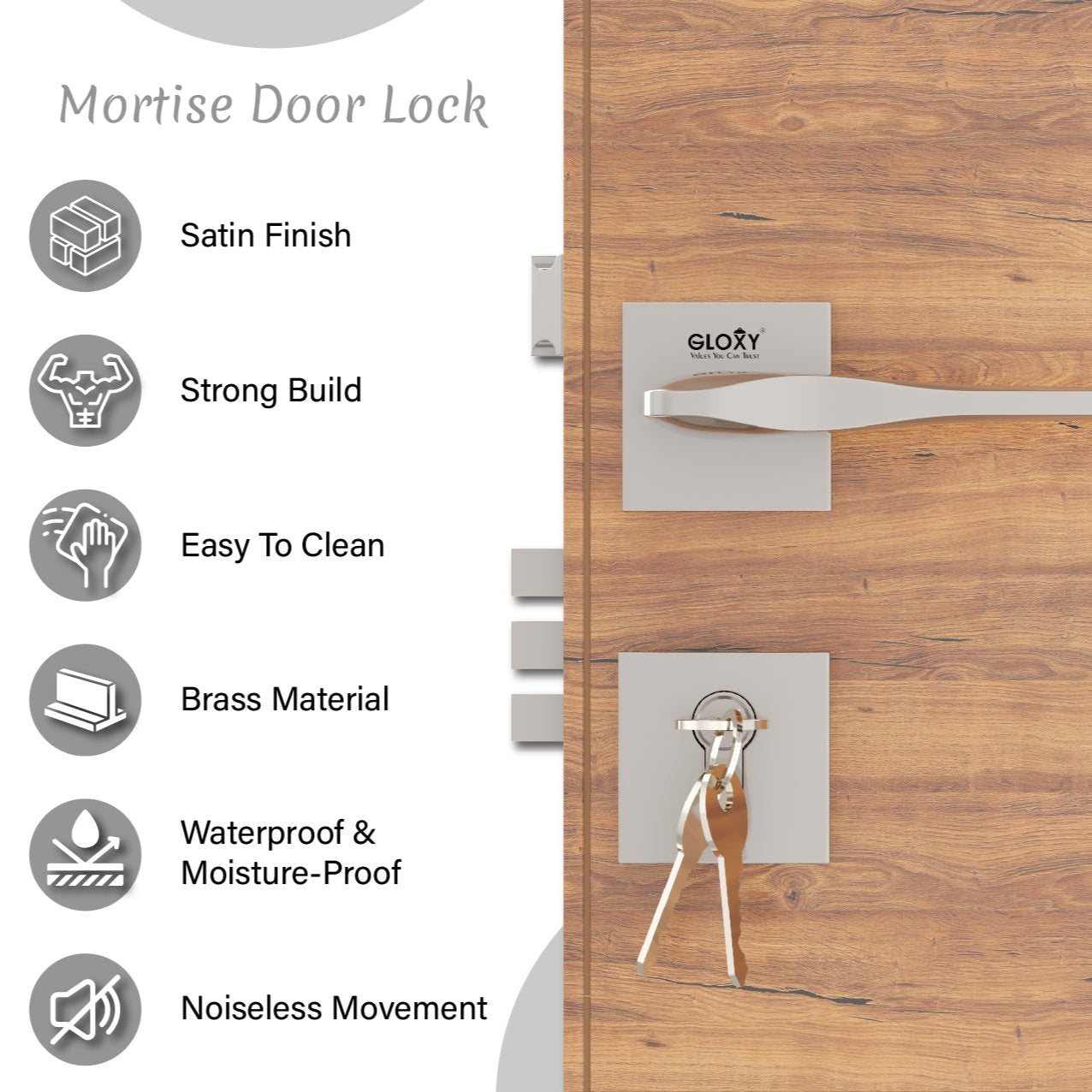 Mortise Door Handles Main Door Lock Handles Set with 3 Keys for Safety of Home | Bedroom, Office, Hotel, Home(Satin Chrome)-by GLOXY®