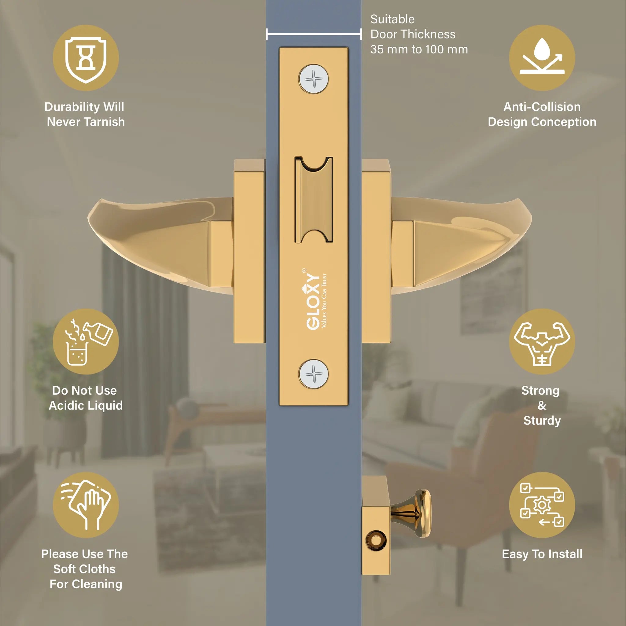 Gloxy zemtron Series Gold Finish Mortise Bathroom Door Latch Lock With Handle