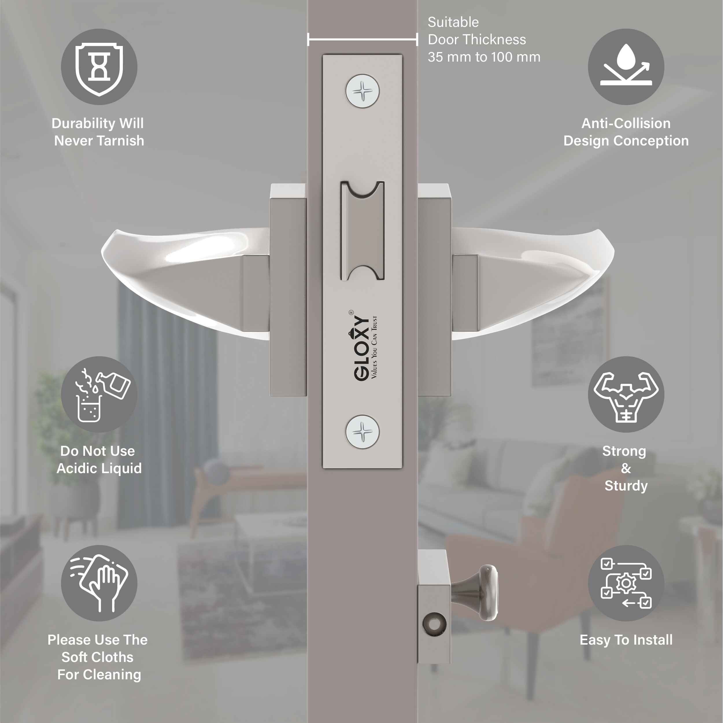 GLOXY Brass Door Lock for Balcony Store Room Door Lock, Mortise Keyless Handle Set with Brass Baby Latch for Home,Office,Hotel | Satin Chrome Finish (2 Years Warranty, Pack of 1)