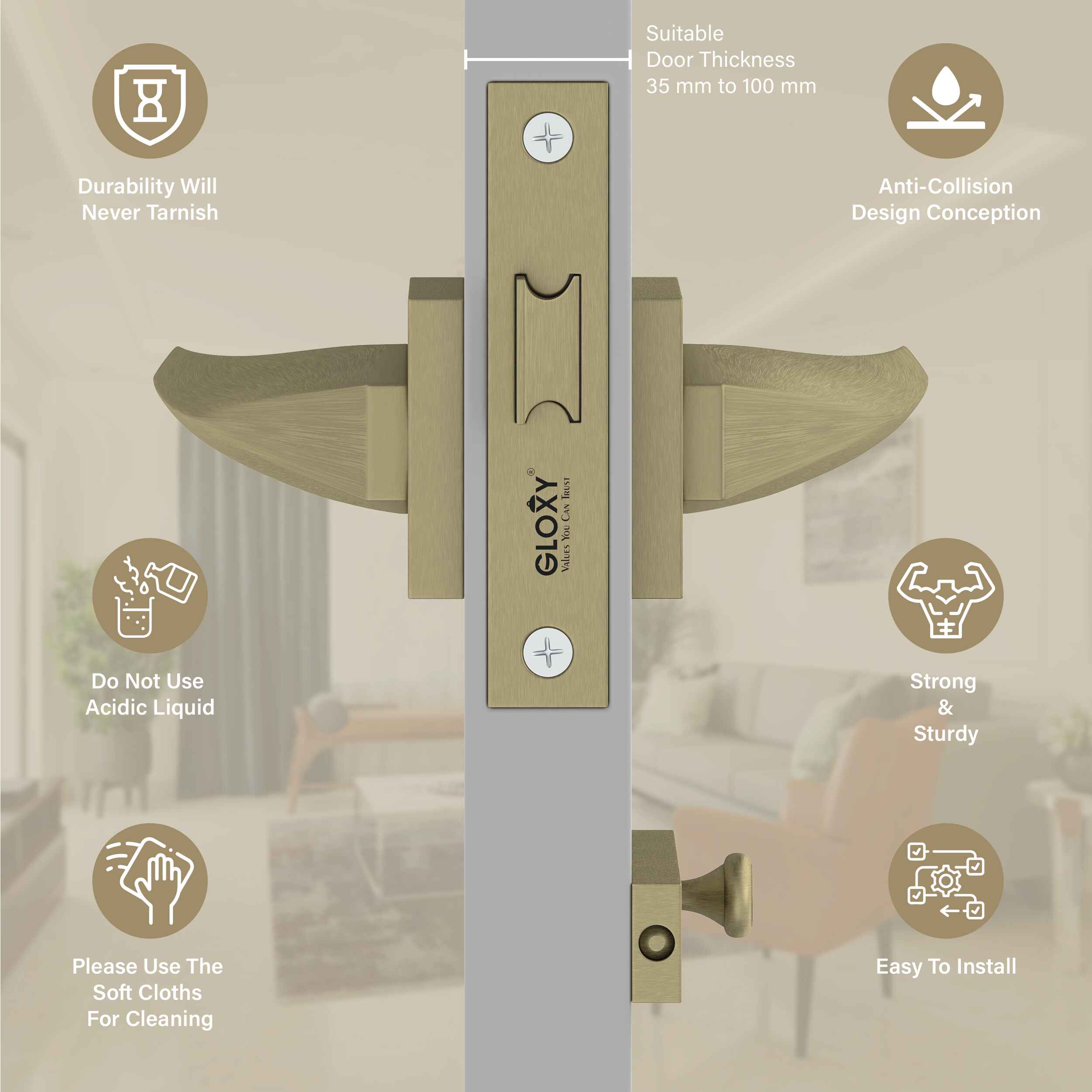 GLOXY Brass Door Lock for Balcony Store Room Door Lock, Mortise Keyless Handle Set with Brass Baby Latch for Home,Office,Hotel | Antique Finish (2 Years Warranty, Pack of 1)