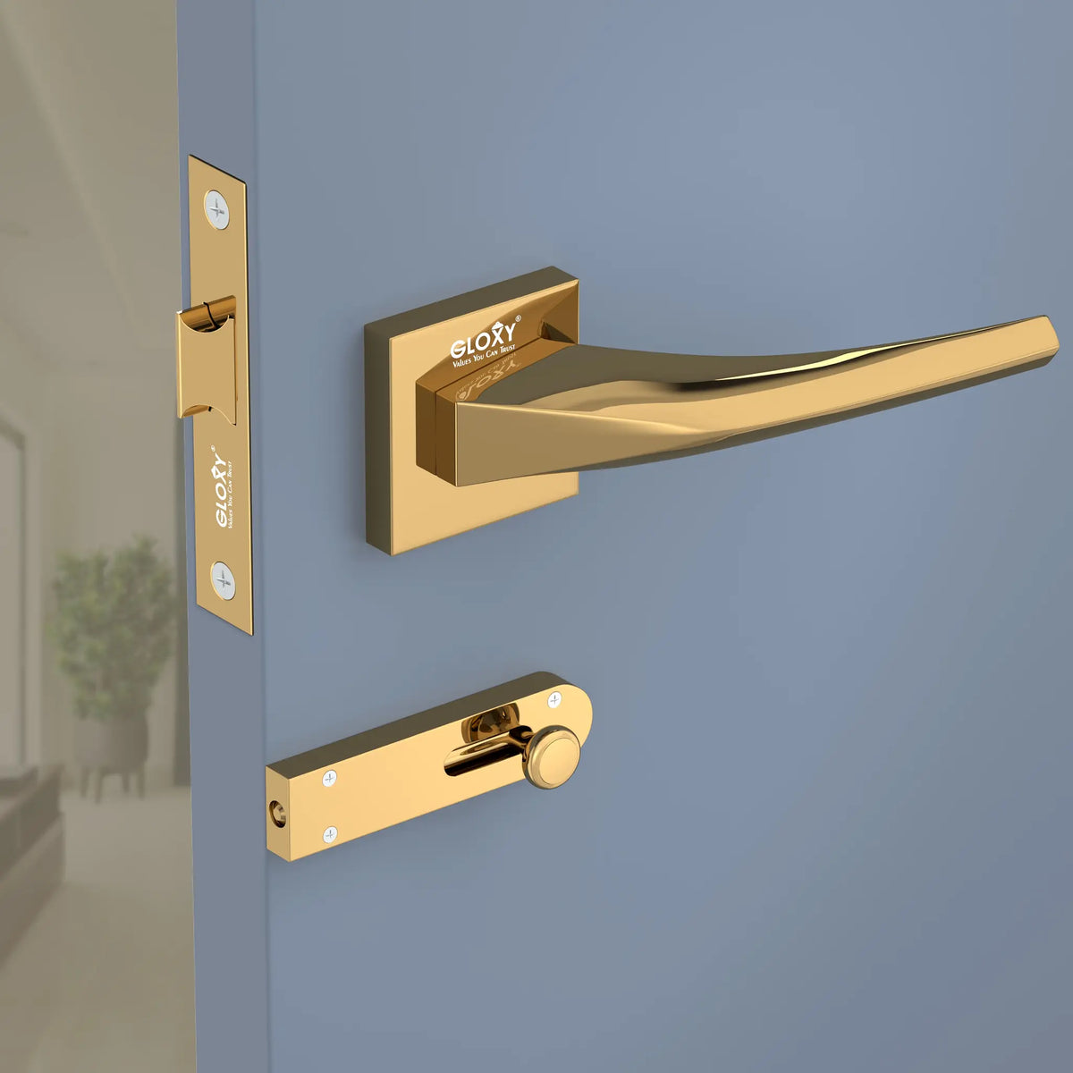 GLOXY Brass Door Lock Set for Bathroom, Mortise Door Lock Handle Set for Balcony, Keyless Lock Handle Set for Storeroom |Gold Finish (2 Years Warranty, Pack of 1)