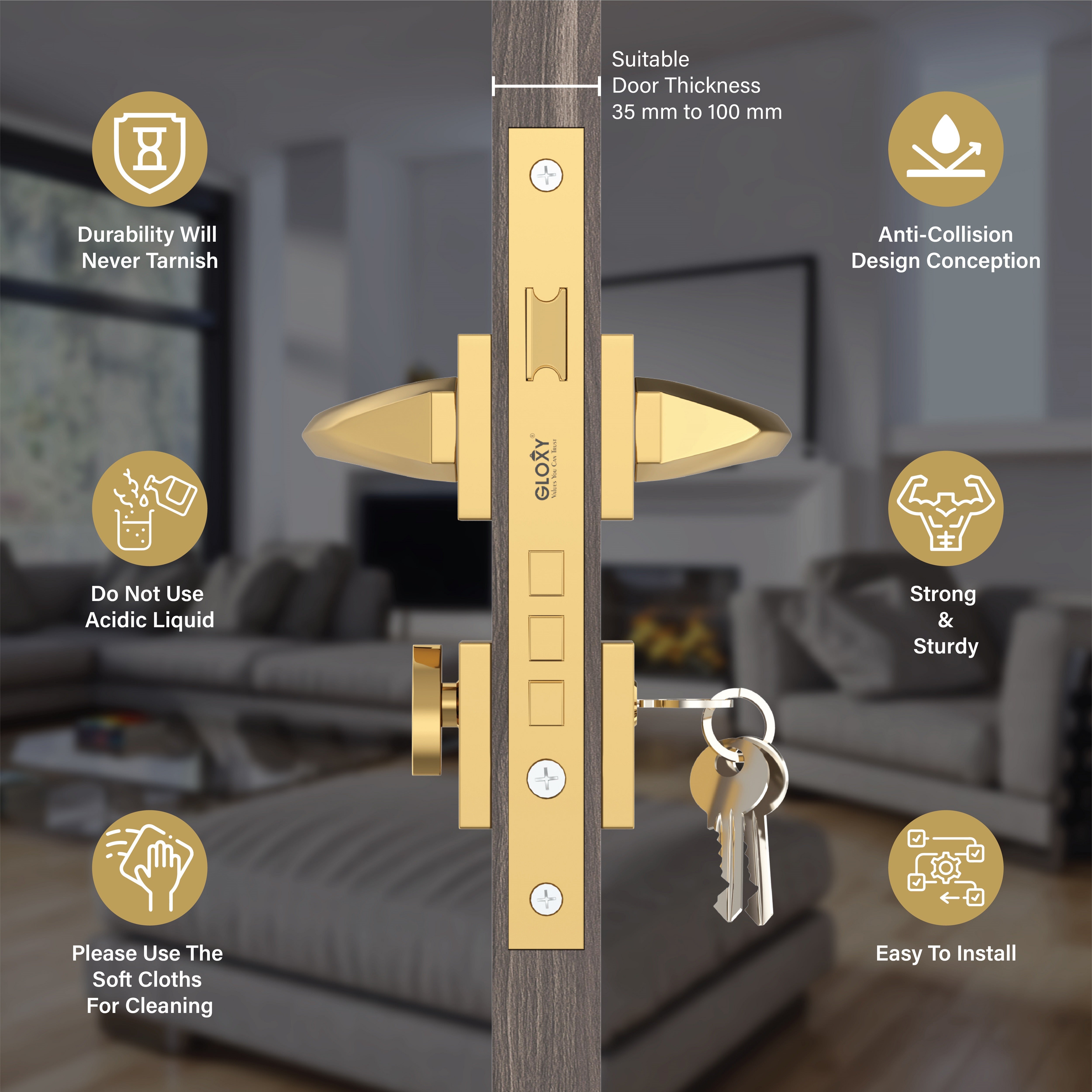 Door Lock Modern Fashion Interior Handle Simple Atmosphere Split Lock for Bedroom & Bathroom(Gold) -by GLOXY®