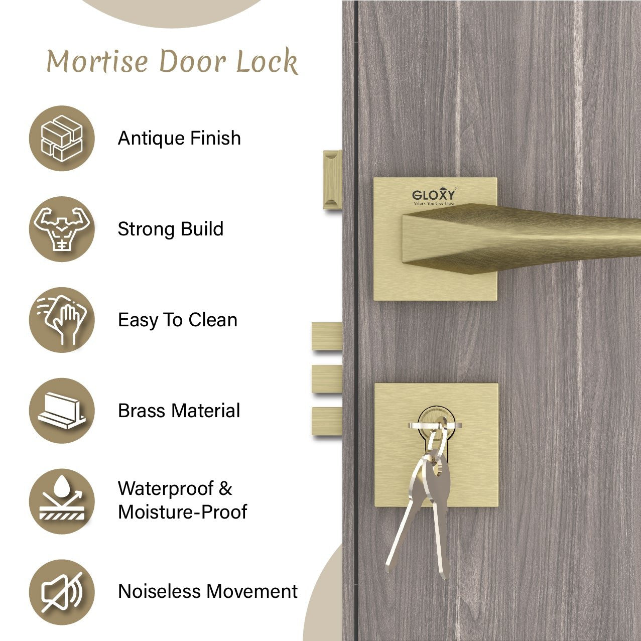 Mortise Door Handles Main Door Lock Handles Set with 3 Keys for Safety of Home | Bedroom, Office, Hotel, Home(Antique)-by GLOXY®