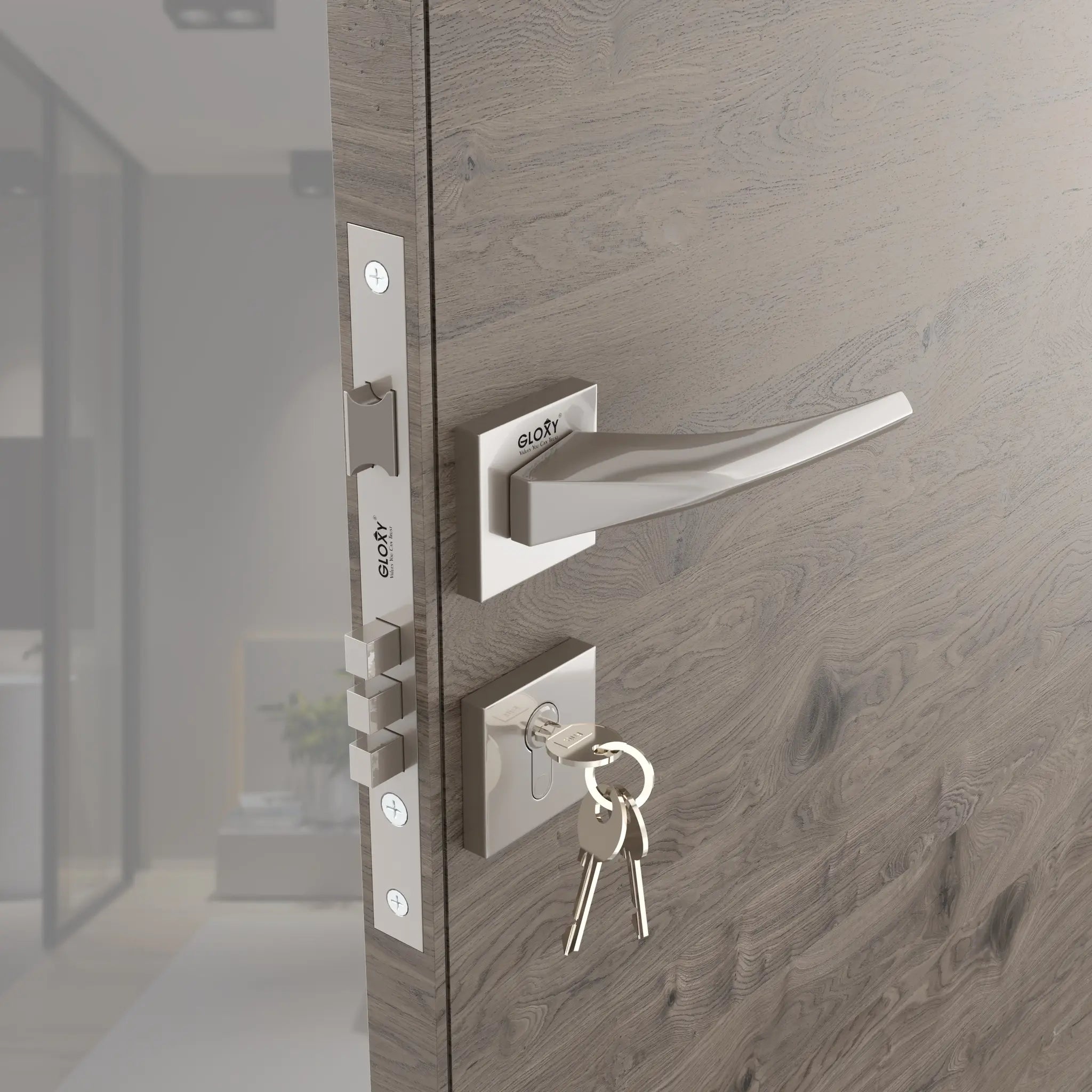 Gloxy zemtron Series Satin Chrome Finish Mortise Main Door Key Lock With Handle