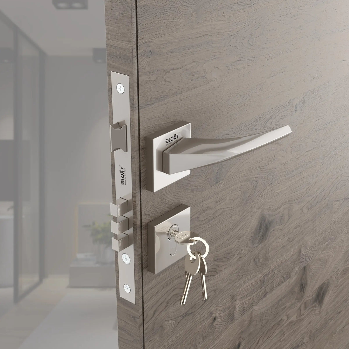 Mortise Door Handles Main Door Lock Handles Set with 3 Keys for Safety of Home | Bedroom, Office, Hotel, Home(Satin Chrome)-by GLOXY®