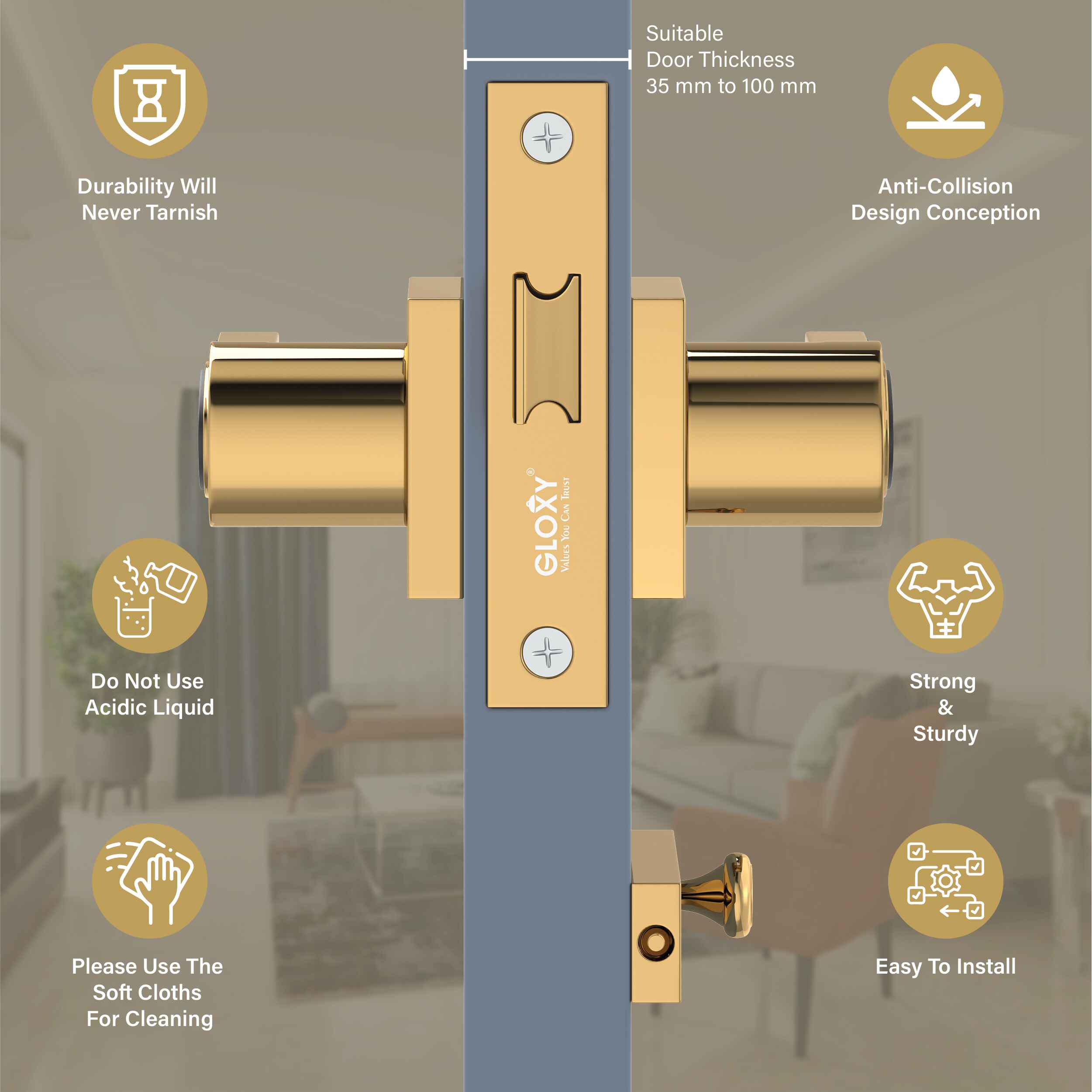 GLOXY Brass Door Lock for Balcony Store Room Door Lock, Mortise Keyless Handle Set with Brass Baby Latch for Home,Office,Hotel | Gold & Black Finish (2 Years Warranty, Pack of 1)