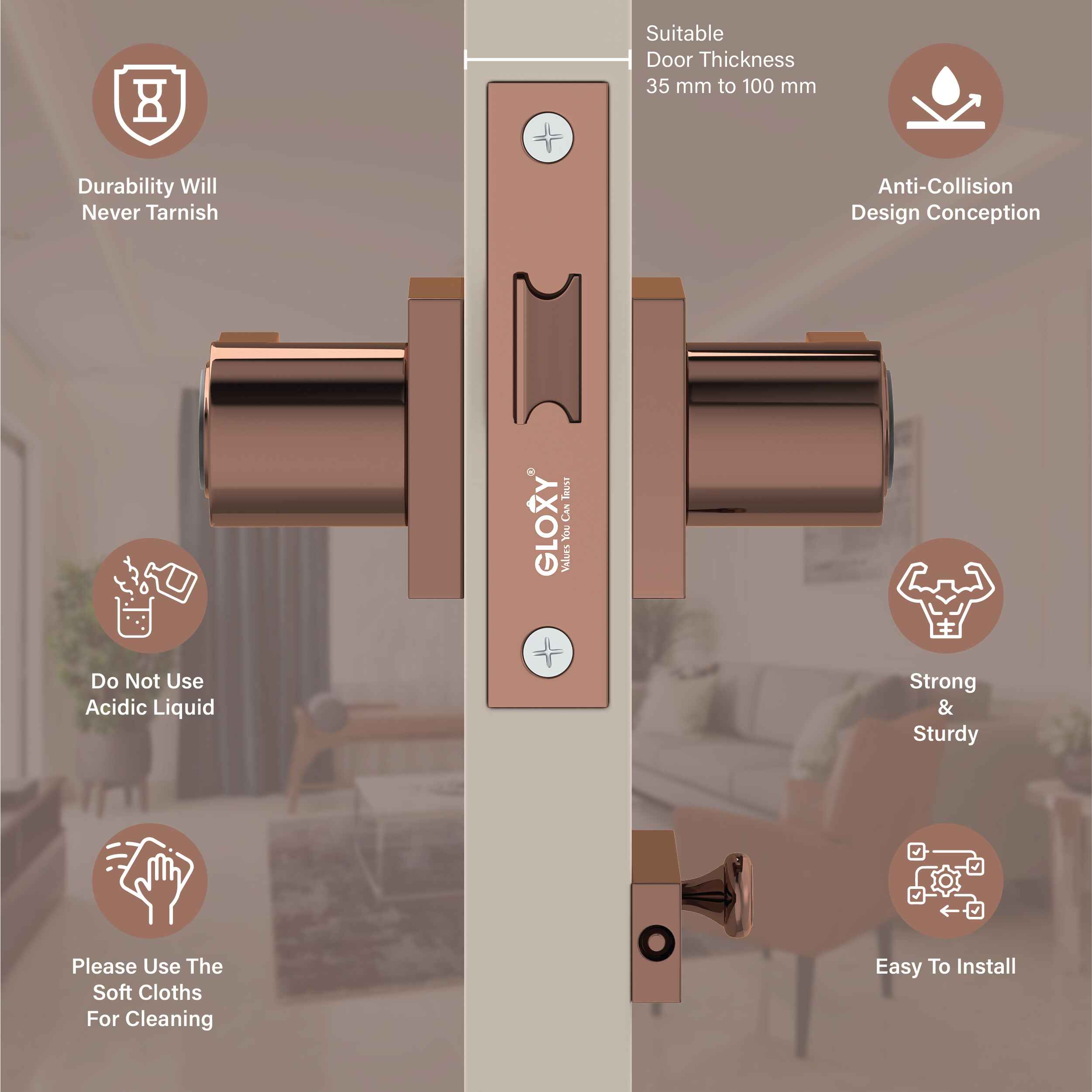 GLOXY Brass Door Lock for Balcony Store Room Door Lock, Mortise Keyless Handle Set with Brass Baby Latch for Home,Office,Hotel | Rose Gold & Black Finish (2 Years Warranty, Pack of 1)