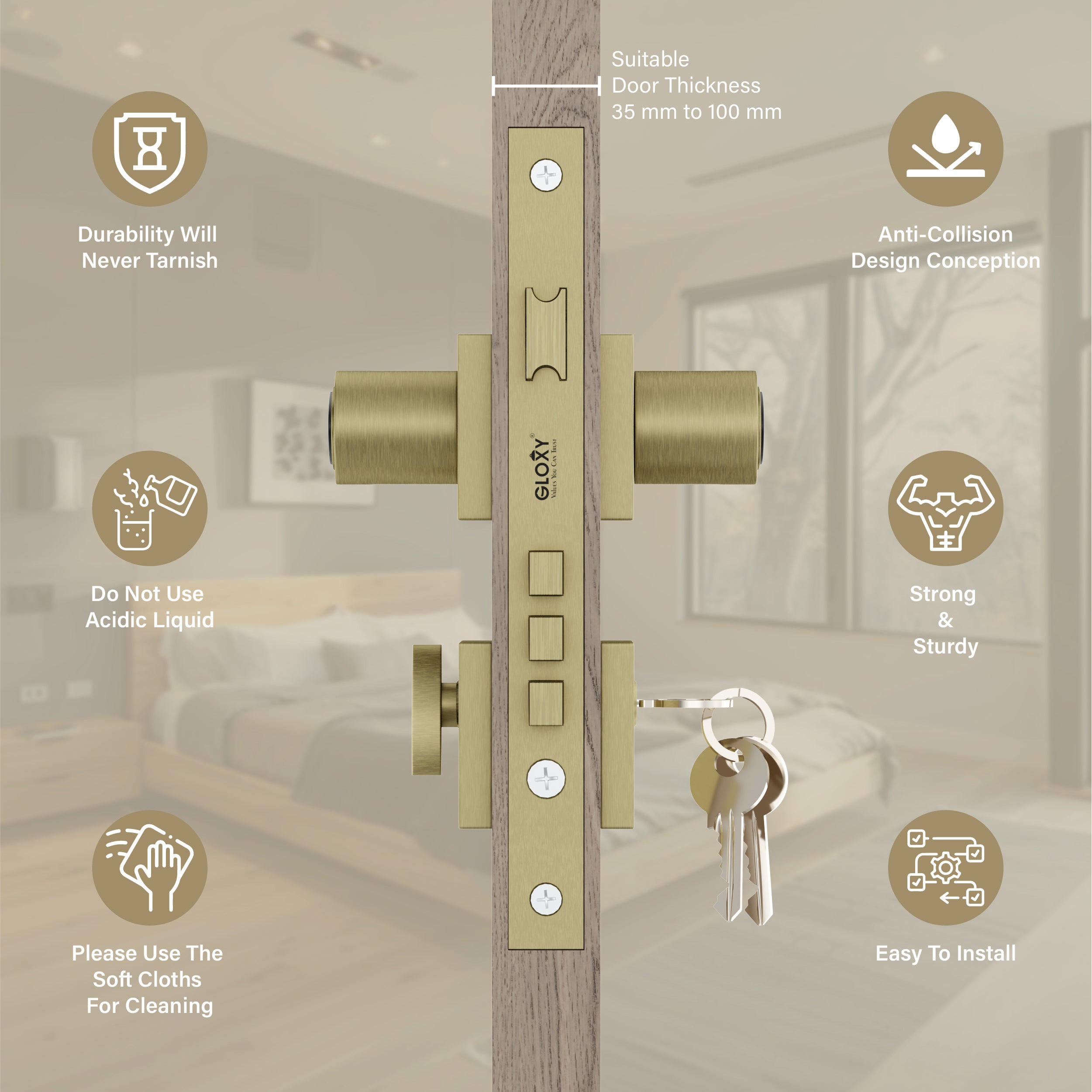 Mortise Door Handles Main Door Lock Handles Set with 3 Keys for Safety of Home | Bedroom, Office, Hotel, Home(Antique)-by GLOXY®