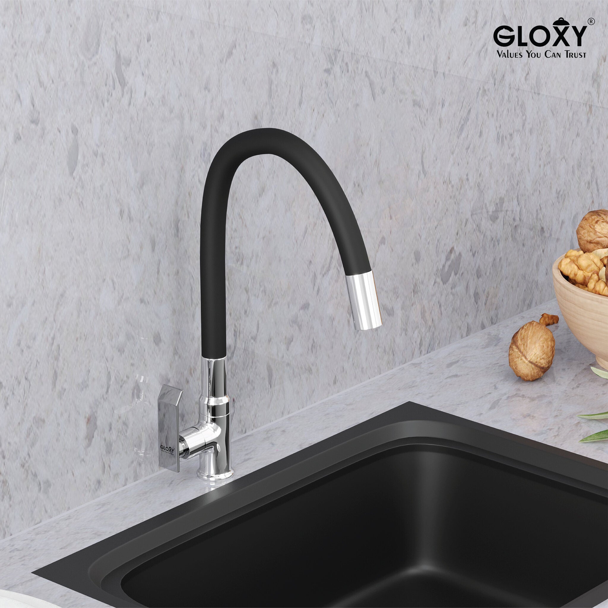 Gloxy Brass Kitchen Faucet with Chrome Finished Leak Proof Touch Lever - Grey 20 Inch Silicon Flexible Spout with Single Flow Water Saving Nozzle for Kitchen - 10 Years Warranty on Spindle Only