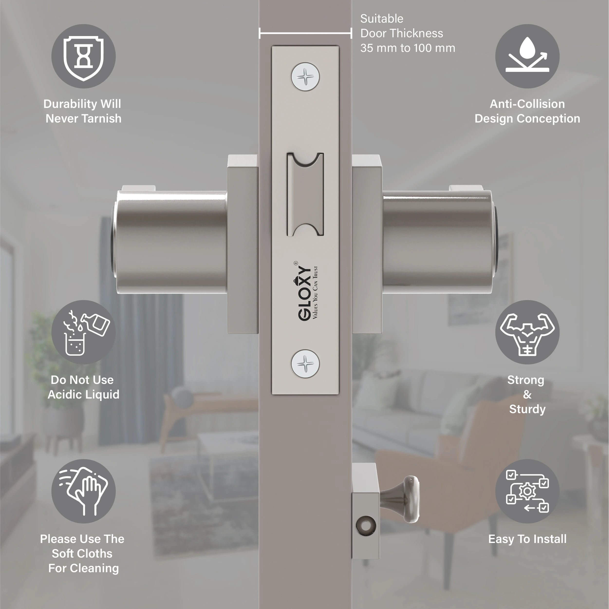 GLOXY Brass Door Lock for Balcony Store Room Door Lock, Mortise Keyless Handle Set with Brass Baby Latch for Home,Office,Hotel | Antique & Black Finish (2 Years Warranty, Pack of 1)